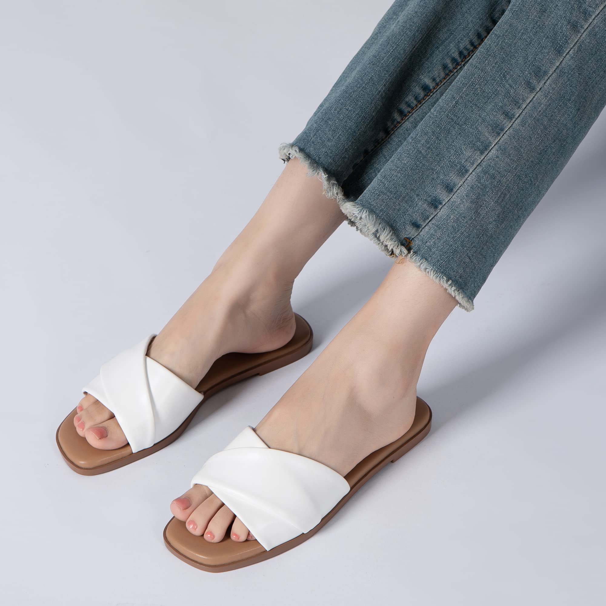 Foto 7 pulgar | Sandalias Planas Athlefit Para Mujer, Cuero De Verano, Color Blanco, Talla 9 - Venta Internacional.