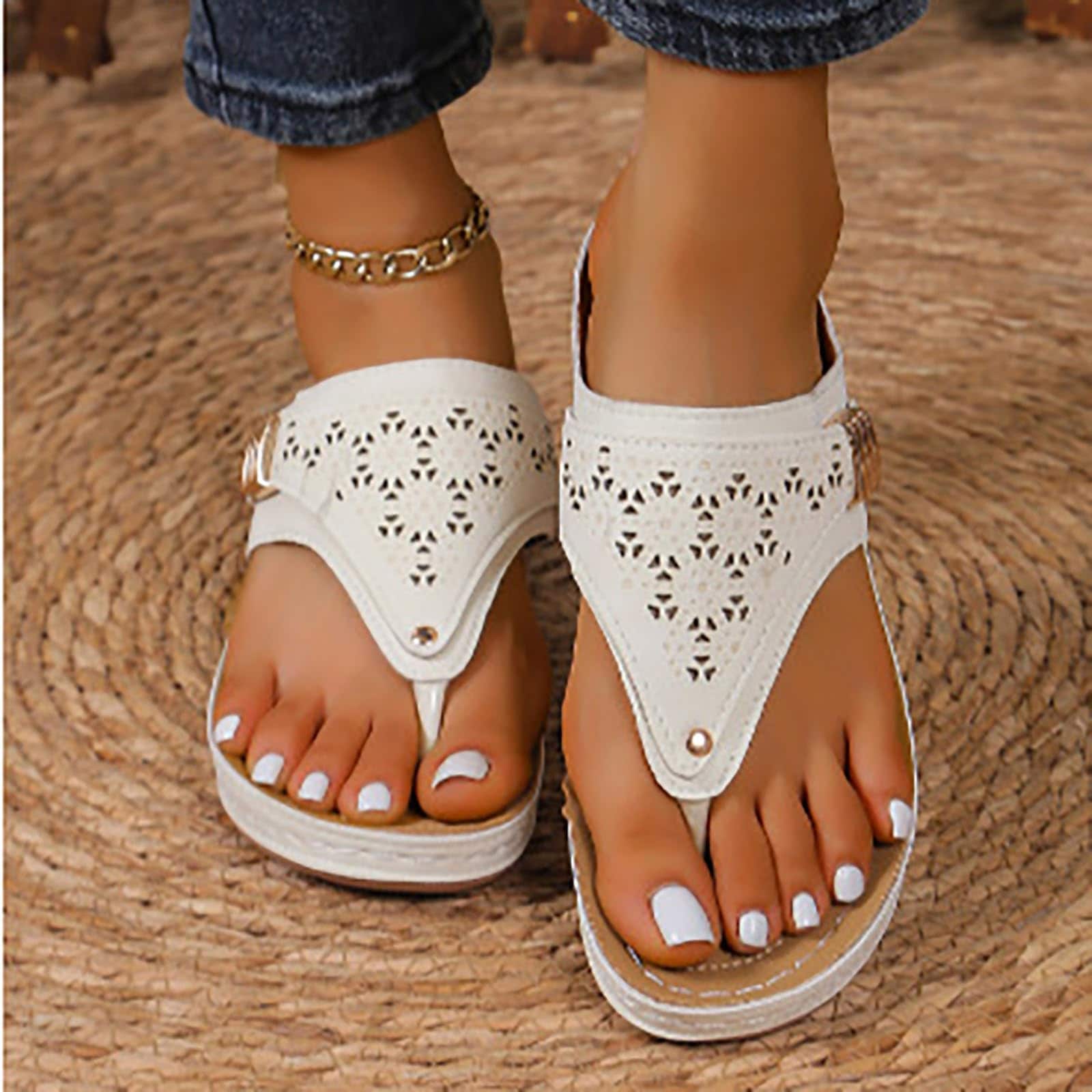 Sandalias Ortopédicas Para Mujer Con Soporte En Arco, Color Blanco - Venta Internacional. $794