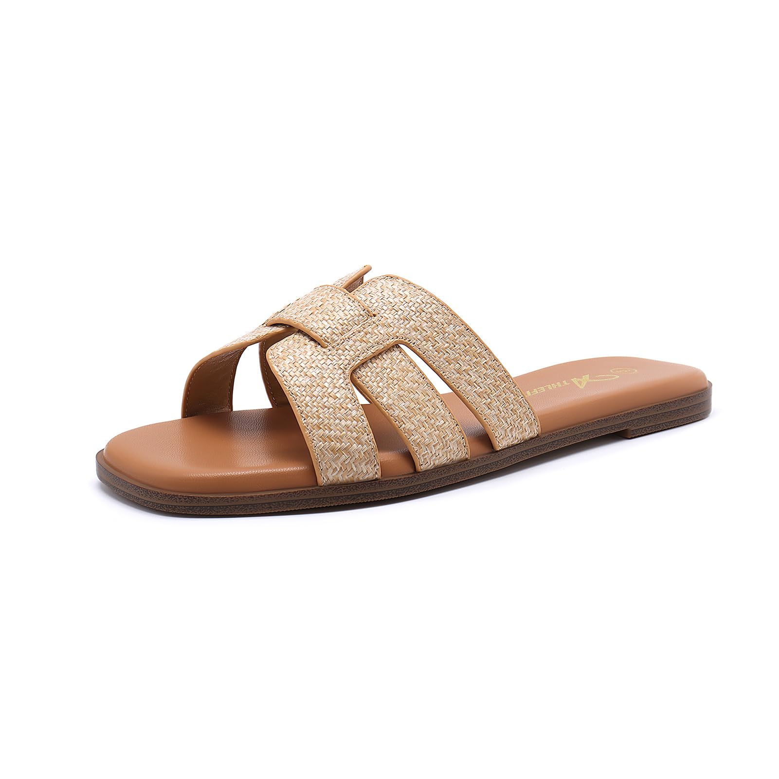 Sandalias Planas Athlefit De Piel De Rafia Con Punta Cuadrada Para Mujer - Venta Internacional.
