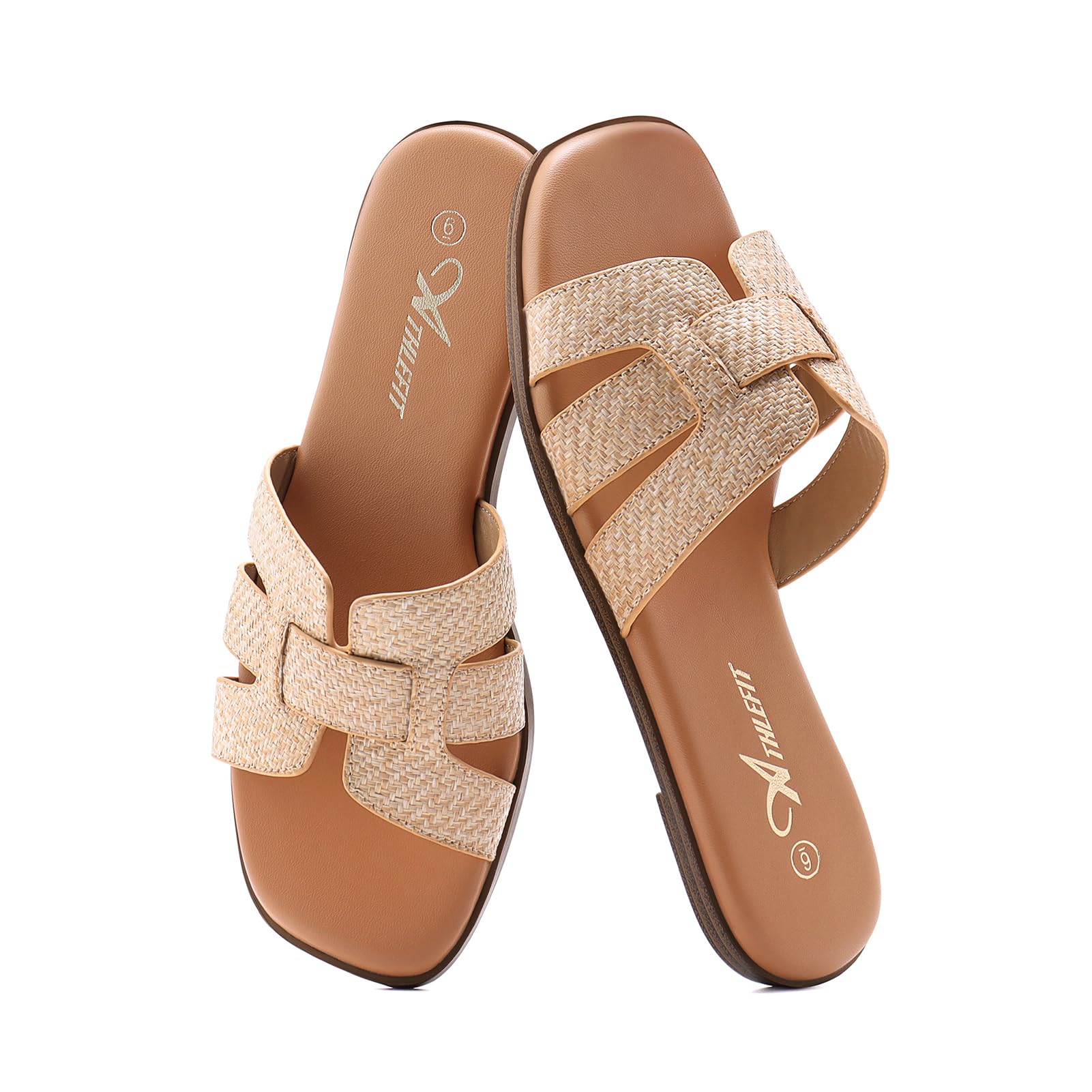 Foto 6 pulgar | Sandalias Planas Athlefit De Piel De Rafia Con Punta Cuadrada Para Mujer - Venta Internacional.