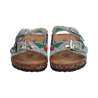 Foto 1 | Sandalia Casual Dama Berlin Multicolor Beige Cristales Plata De Plataforma Baja Con Hebillas