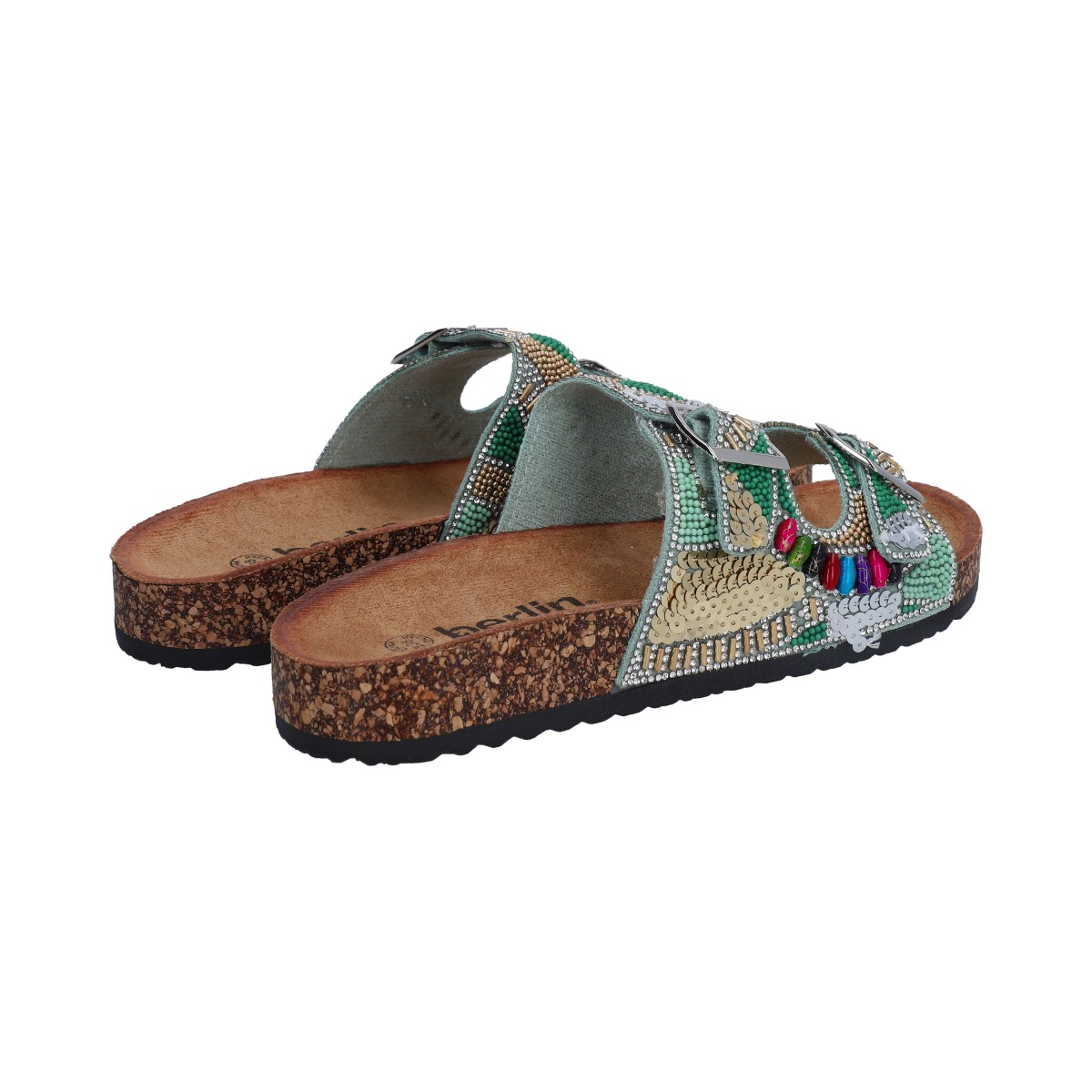 Foto 2 | Sandalia Casual Dama Berlin Multicolor Beige Cristales Plata De Plataforma Baja Con Hebillas