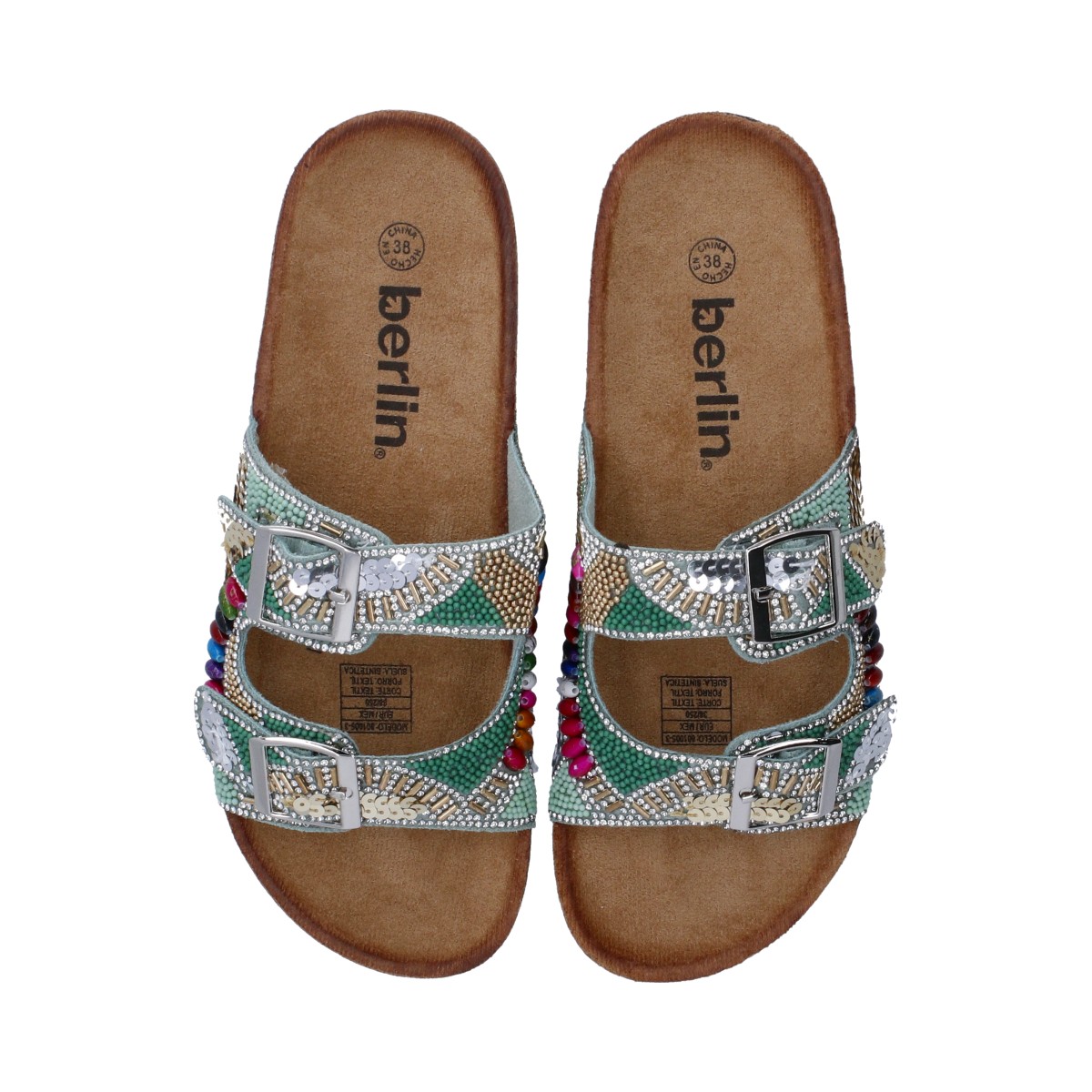 Foto 4 pulgar | Sandalia Casual Dama Berlin Multicolor Beige Cristales Plata De Plataforma Baja Con Hebillas