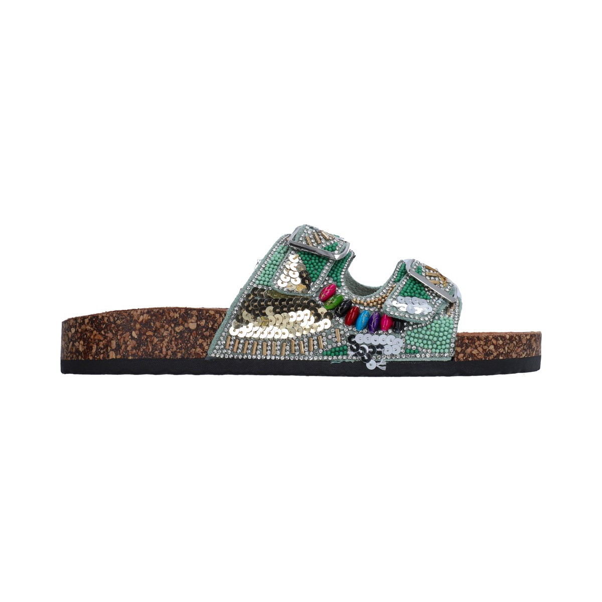 Foto 5 pulgar | Sandalia Casual Dama Berlin Multicolor Beige Cristales Plata De Plataforma Baja Con Hebillas