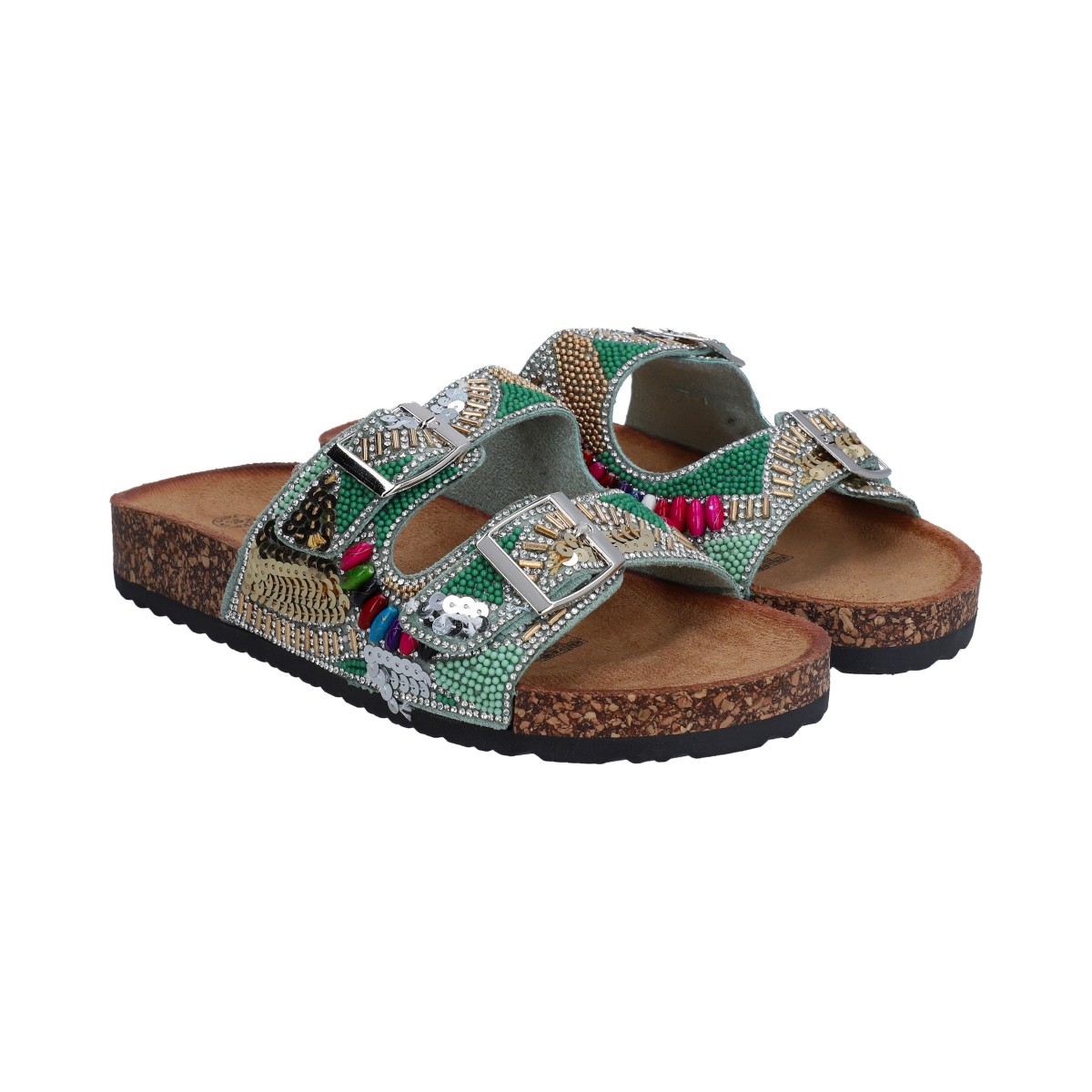 Foto 5 | Sandalia Casual Dama Berlin Multicolor Beige Cristales Plata De Plataforma Baja Con Hebillas