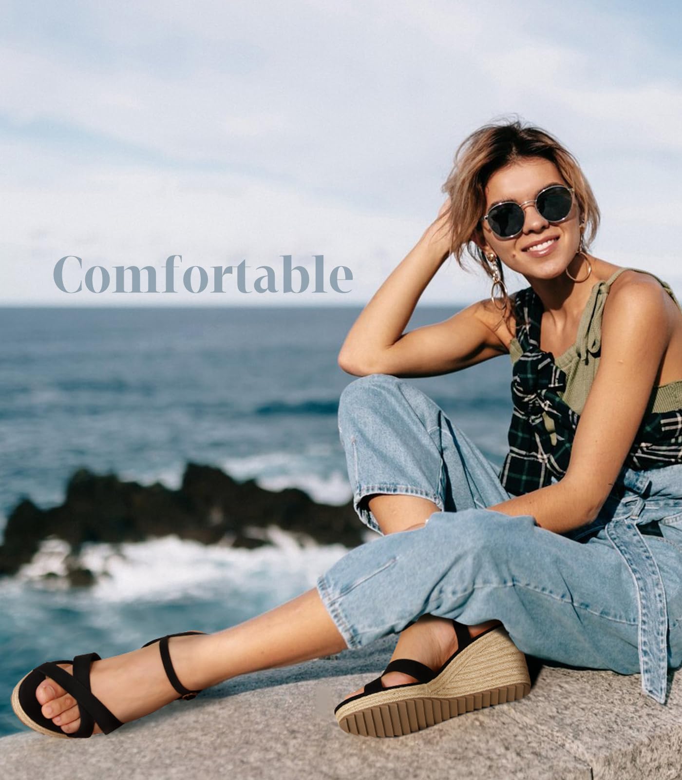 Foto 6 | Sandalias Con Cuña Ankis, Alpargata Negra Para Mujer, Tacón Alto De 8 Cm - Venta Internacional.