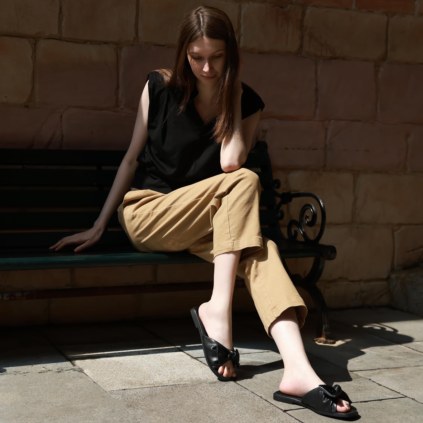 Foto 7 | Sandalias Ankis Para Mujer, Planas, Negras, Punta Abierta, Tacón De 1 Cm - Venta Internacional.
