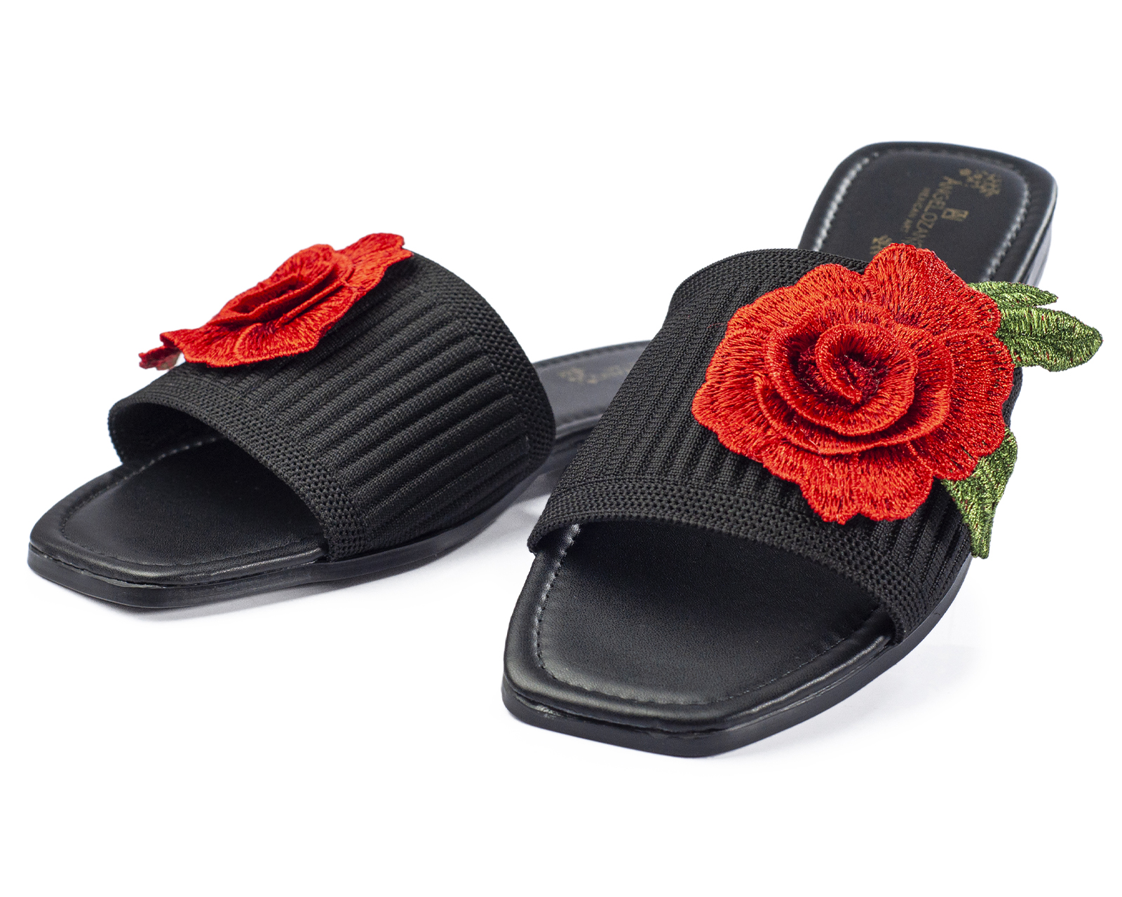 Foto 2 pulgar | Sandalia De Piso A Ángelozano Adornada Con Flores Rojas, Color Negro