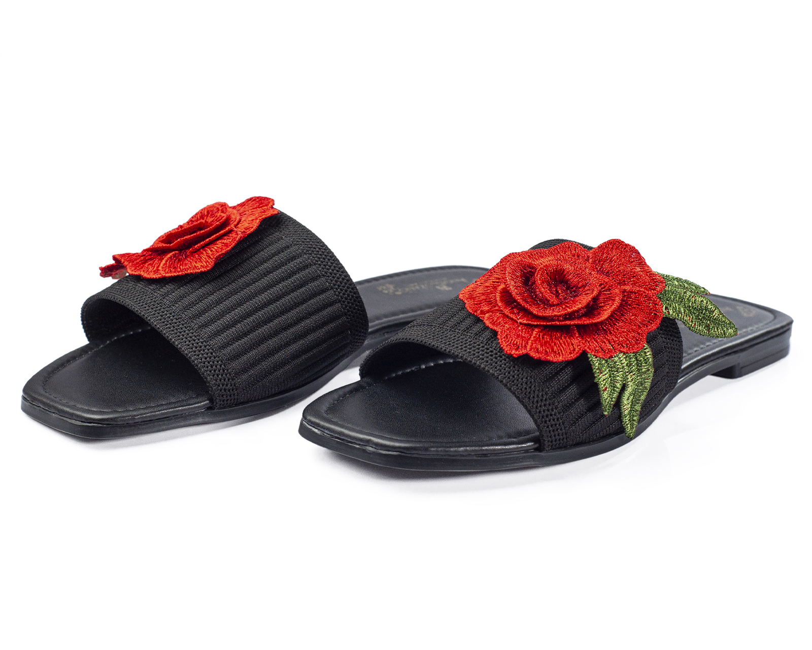 Foto 4 pulgar | Sandalia De Piso A Ángelozano Adornada Con Flores Rojas, Color Negro