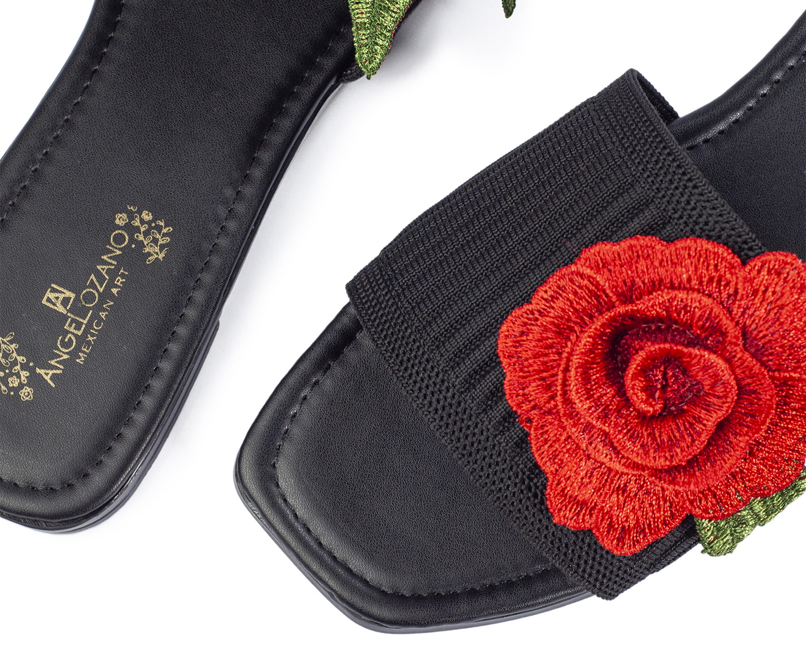 Foto 7 pulgar | Sandalia De Piso A Ángelozano Adornada Con Flores Rojas, Color Negro