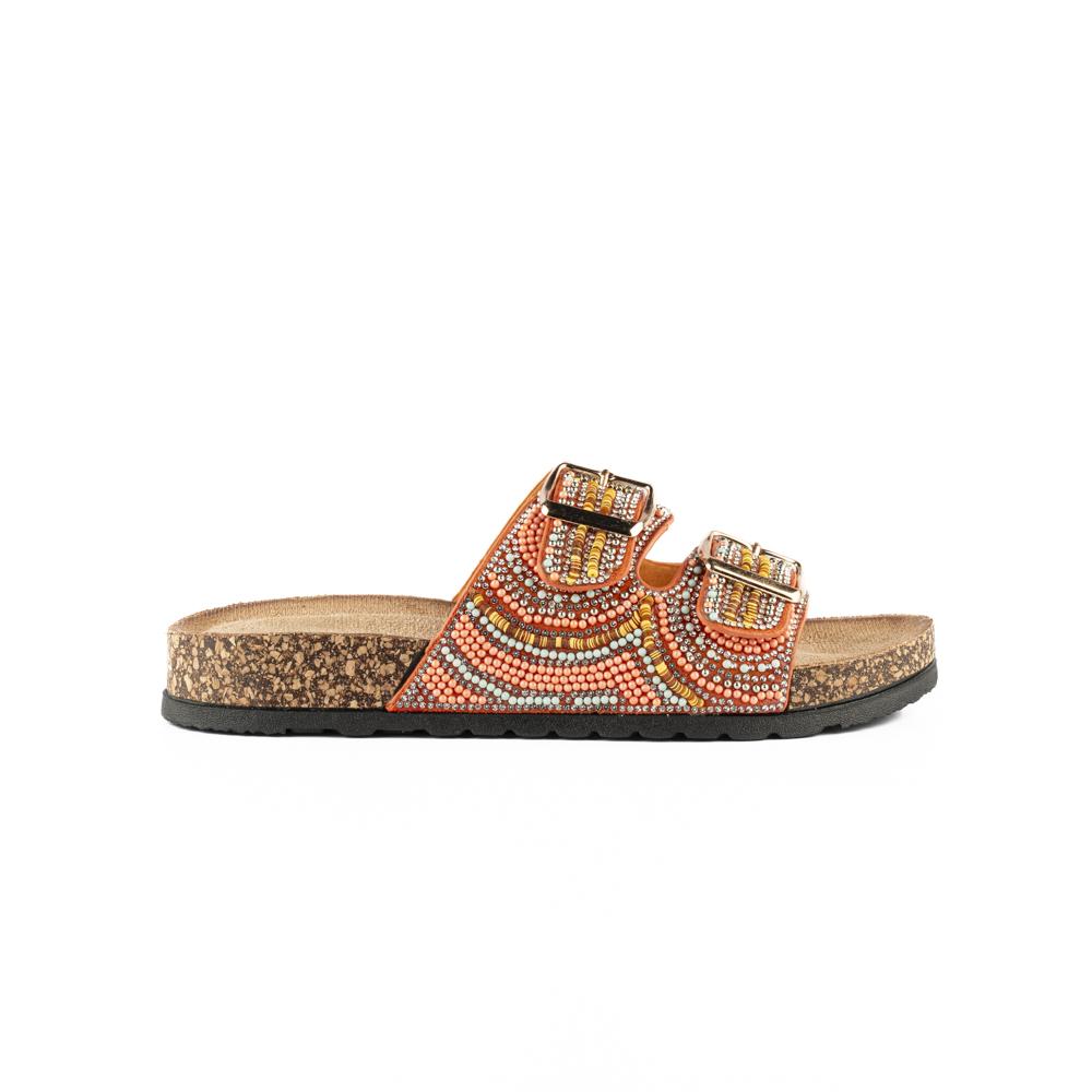 Sandalia Tiras Hebilla Casual Brillo Para Mujer Walki Camelia Naranja