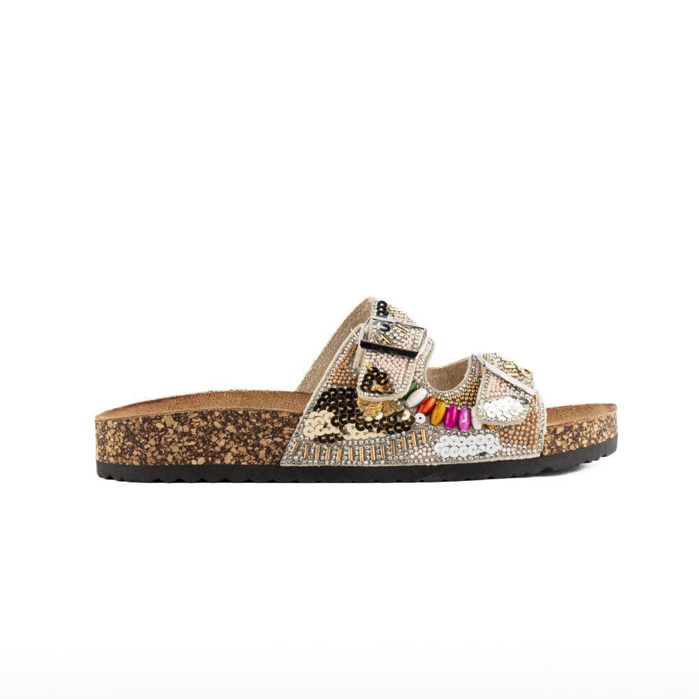 Sandalia Tiras Hebilla Casual Brillo Para Mujer Walki Nalani Beige