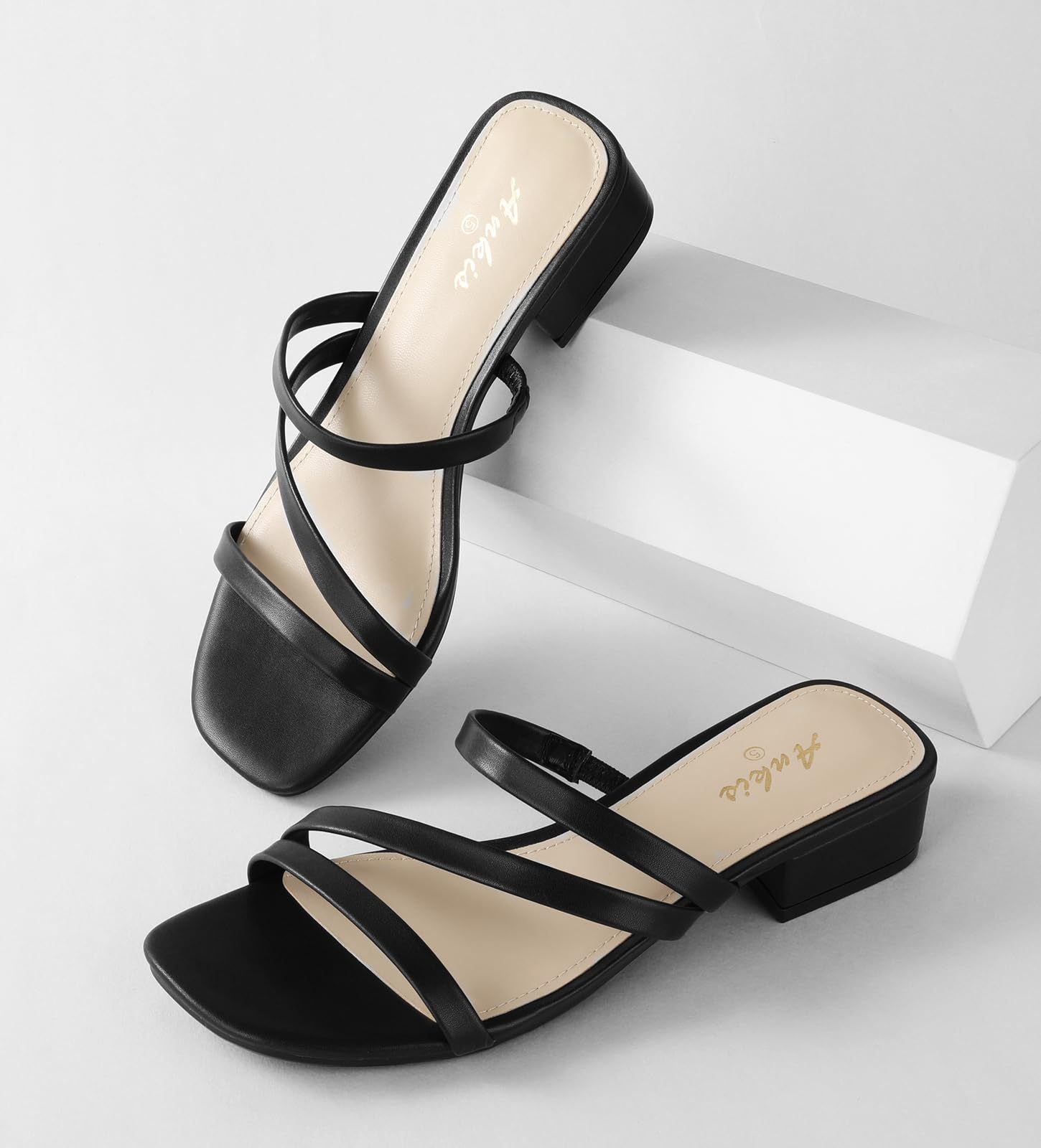 Foto 3 pulgar | Sandalia De Tacón Ankis Para Mujer  Punta Cuadrada  Con Tiras Negras  2 54 Cm - Venta Internacional.