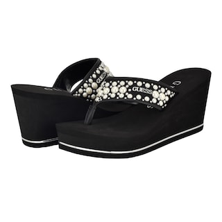 Foto 6 | Sandalia Con Cuña Guess Silus Para Mujer, Color Negro Con Correa De Perlas - Venta Internacional.