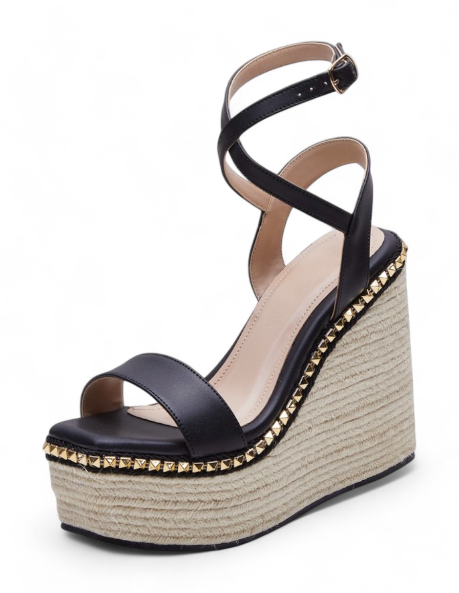 Plataforma Calzado Watanabe Color Negro Yute Y Ajuste En Tobillo