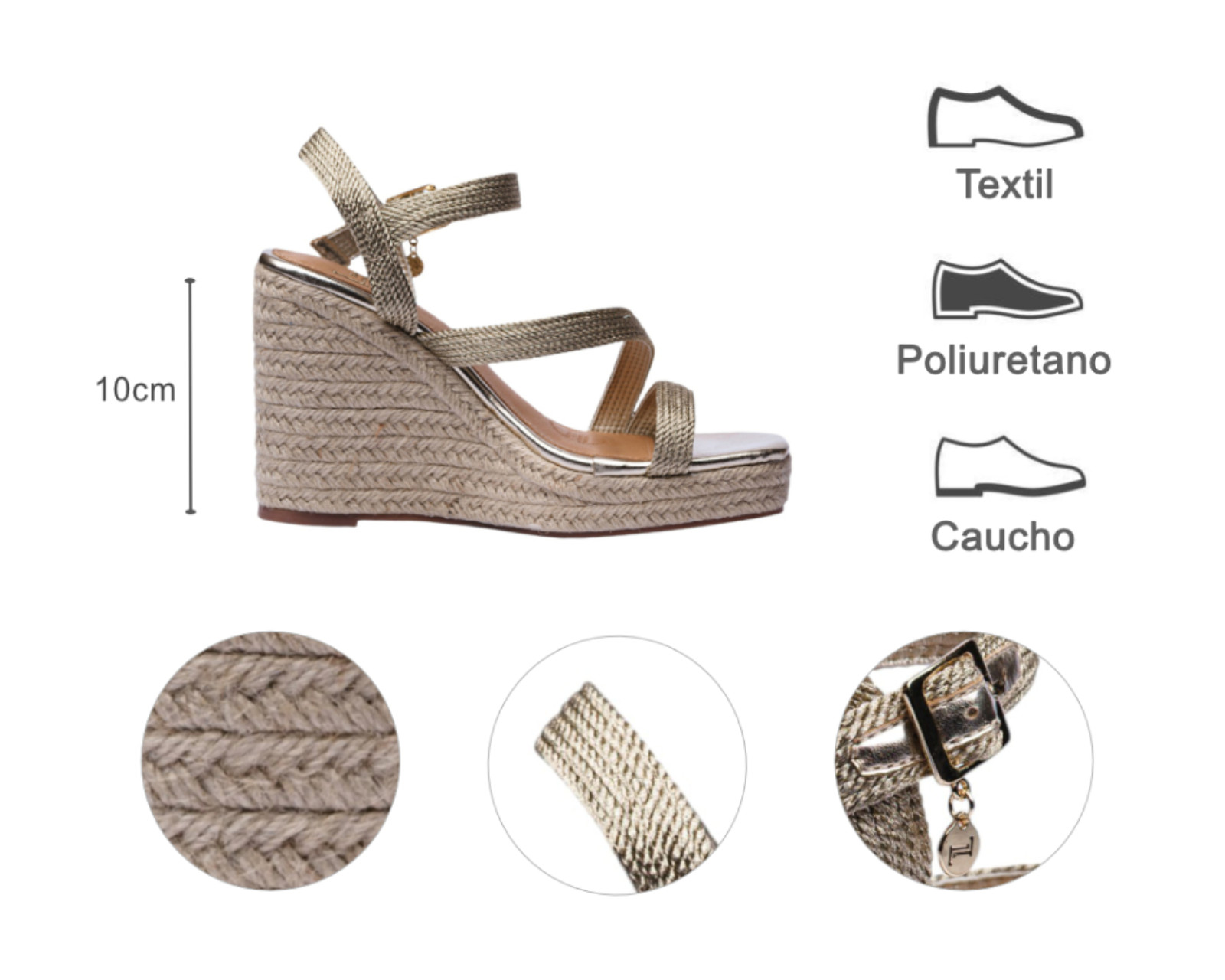 Foto 8 pulgar | Sandalia Cuña Para Mujer Lob Footwear Textile Oro 91805032