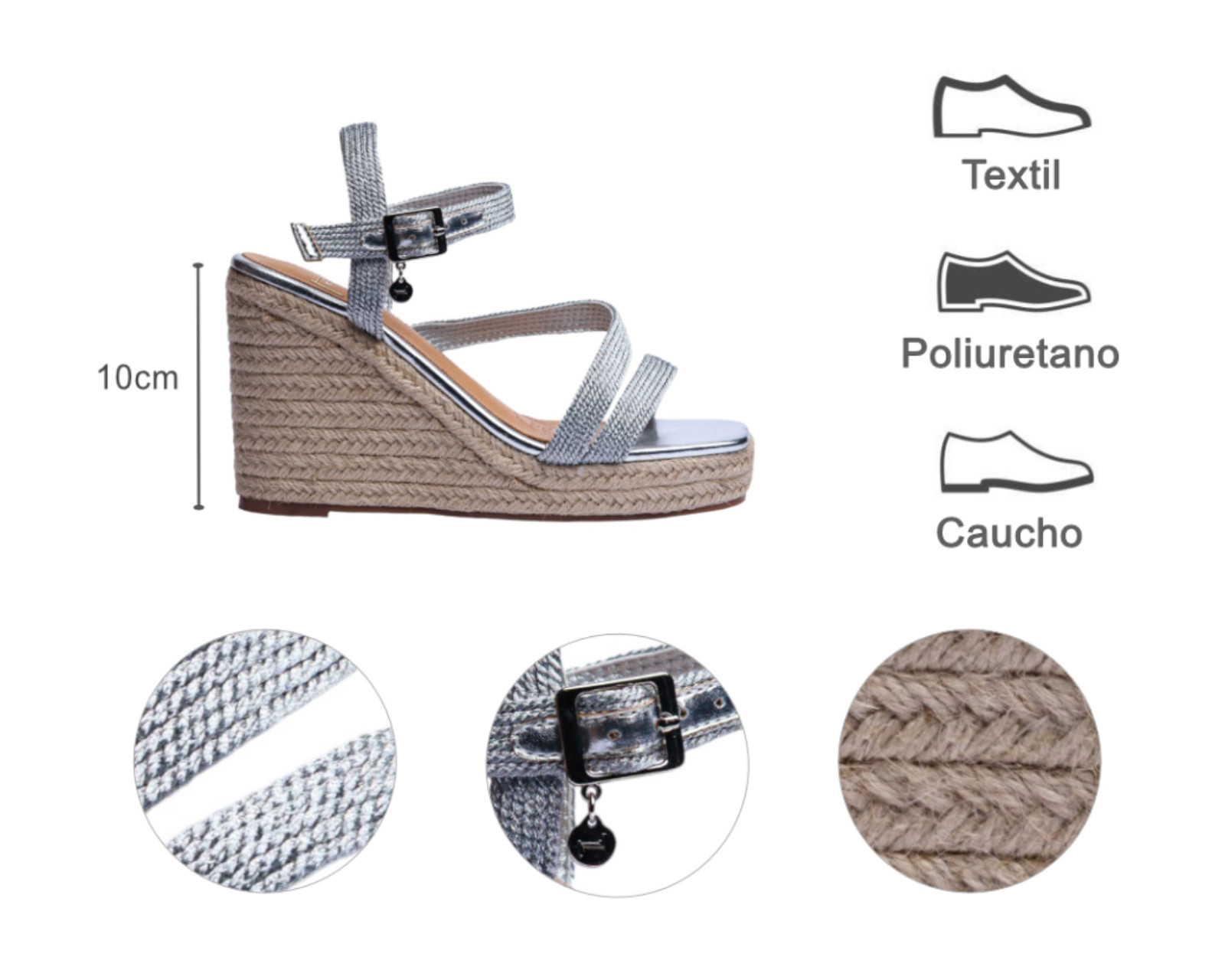 Foto 8 pulgar | Sandalia Cuña Para Mujer Lob Footwear Textile Plata 91805474