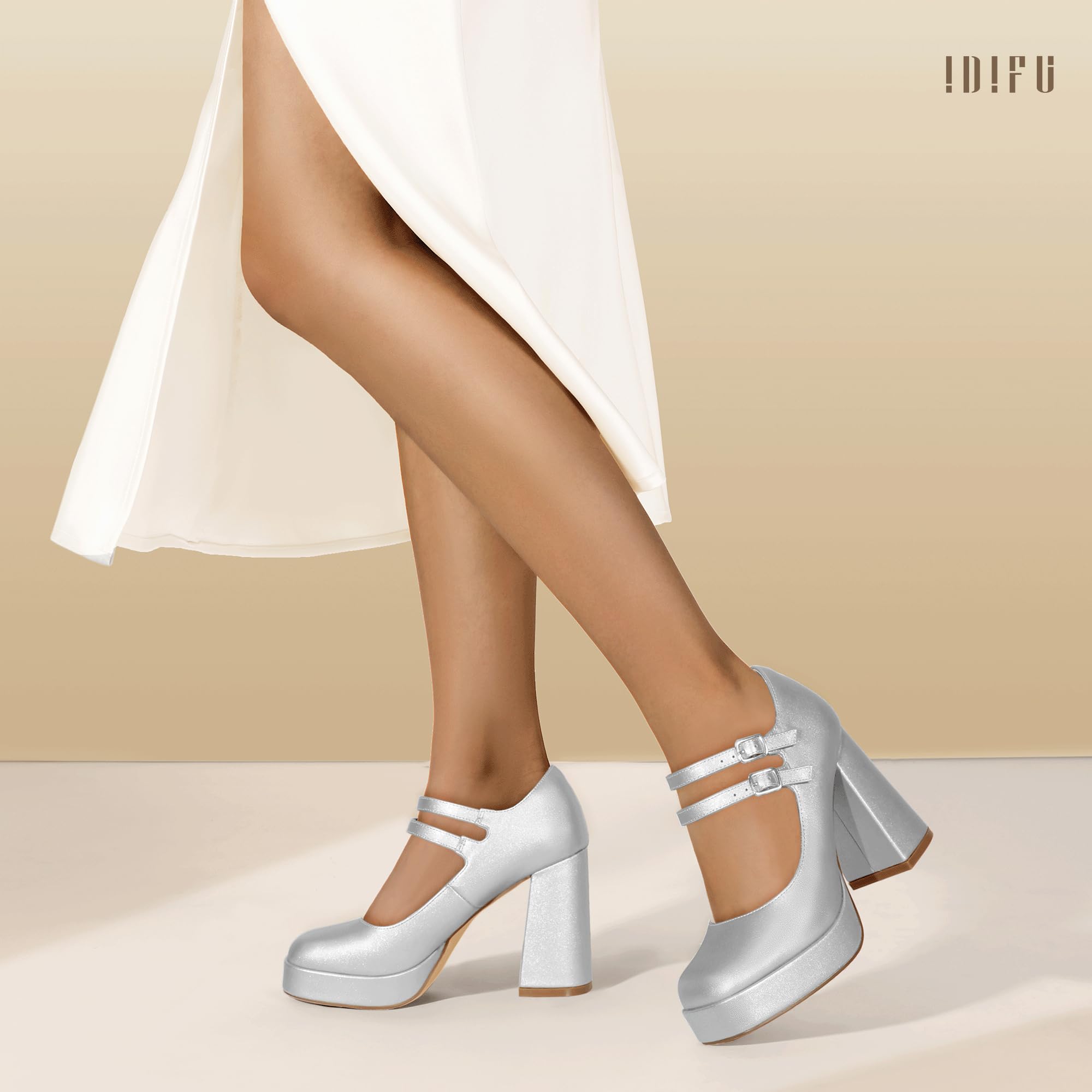 Foto 4 pulgar | Zapatos Idifu Mary Jane Silver Platform Chunky High Tacones Para Mujer - Venta Internacional.