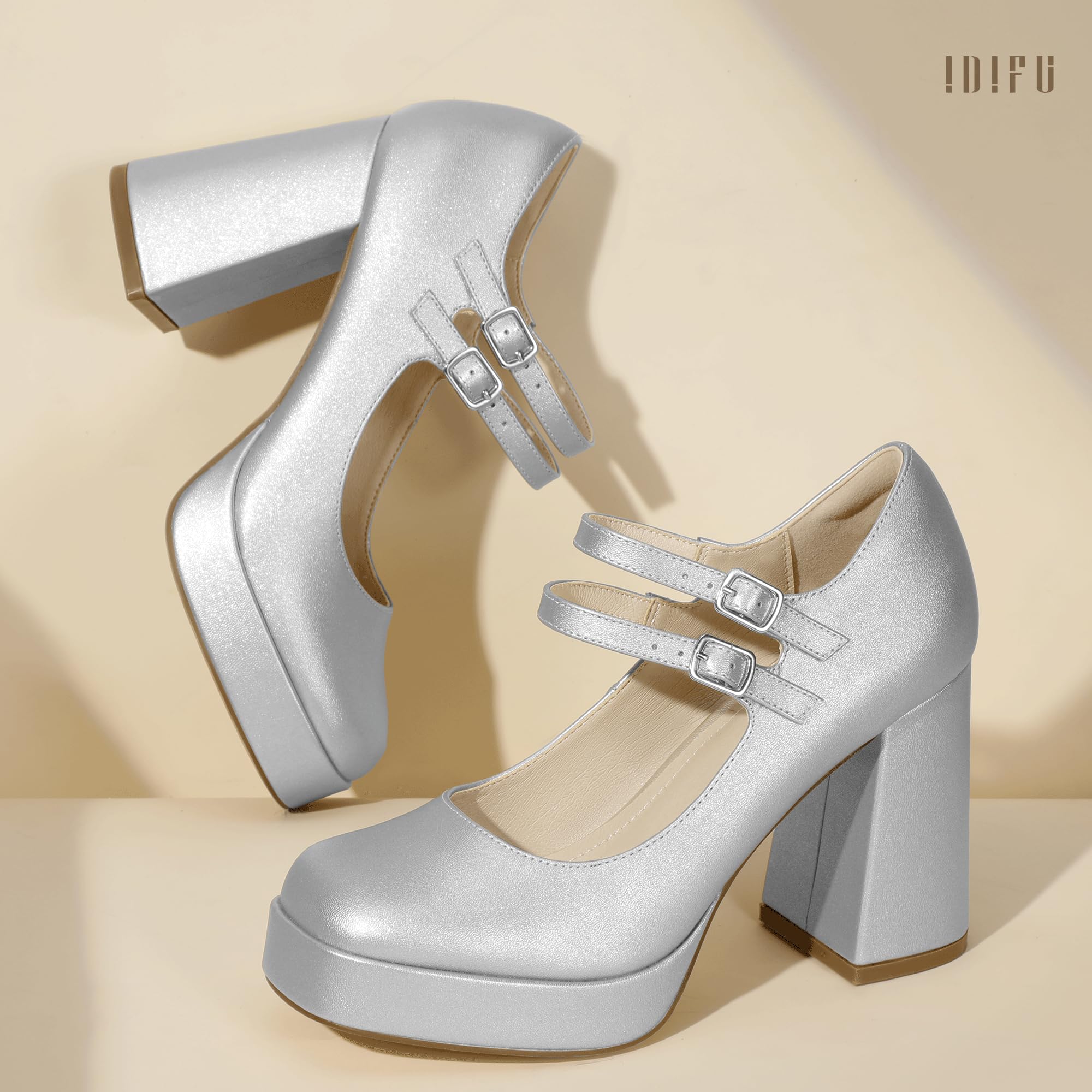 Foto 5 pulgar | Zapatos Idifu Mary Jane Silver Platform Chunky High Tacones Para Mujer - Venta Internacional.