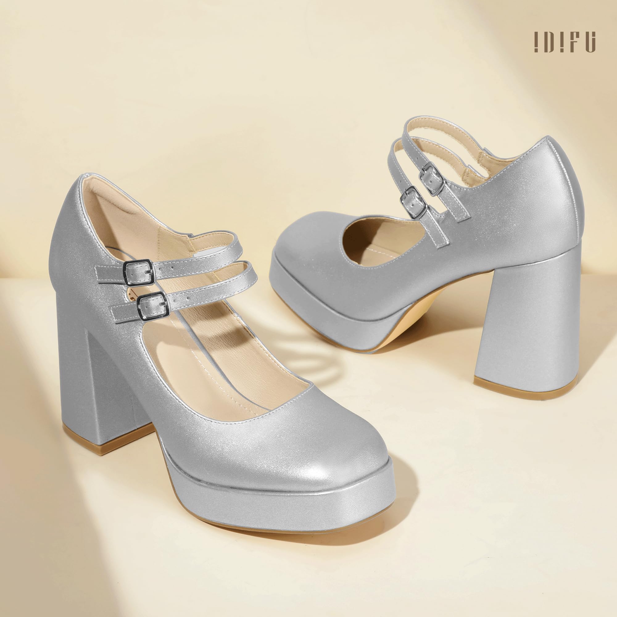 Foto 7 pulgar | Zapatos Idifu Mary Jane Silver Platform Chunky High Tacones Para Mujer - Venta Internacional.