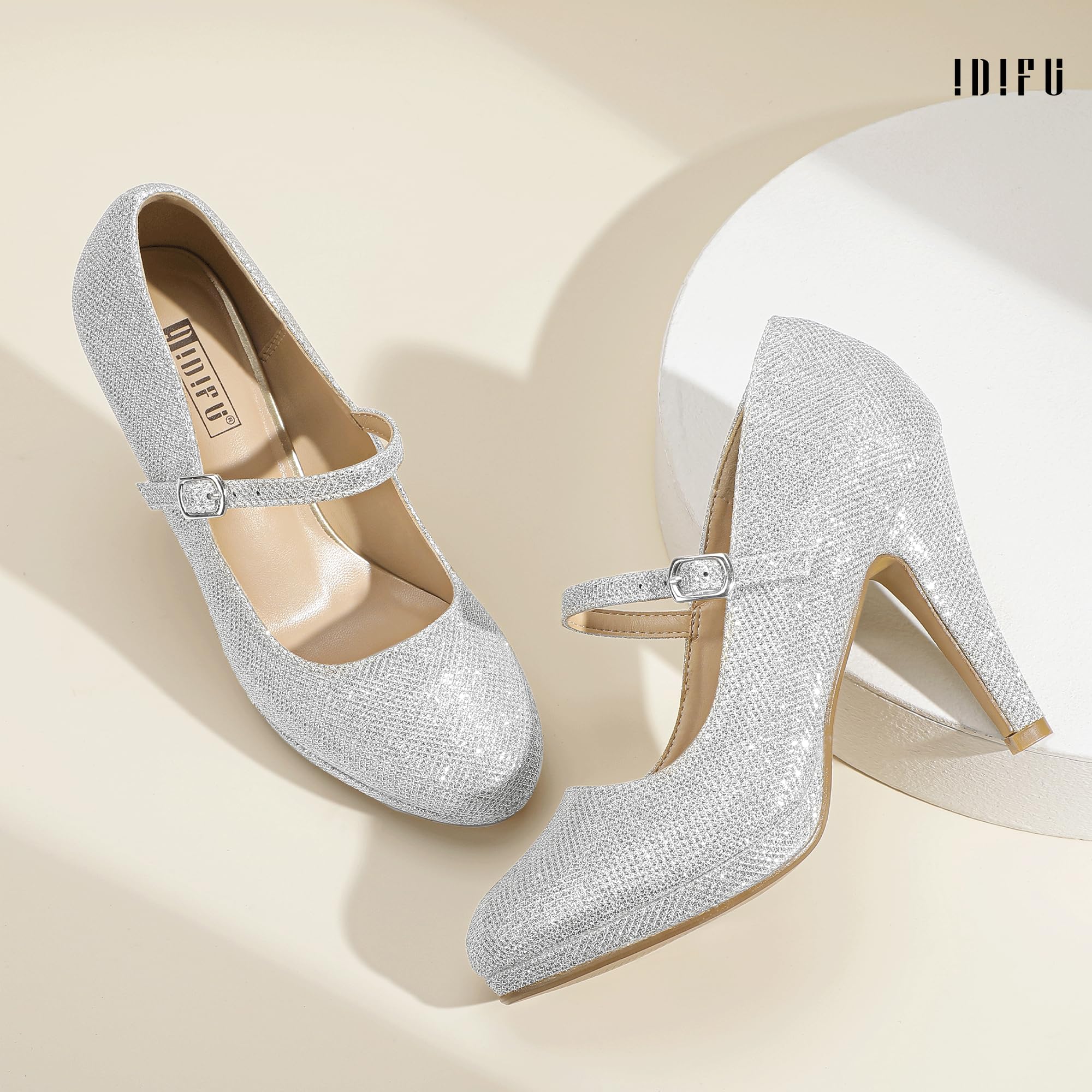 Foto 5 pulgar | Zapatos Idifu Silver Glitter Mary Jane Para Mujer, 9.5 Con Tacones De 10 Cm - Venta Internacional.