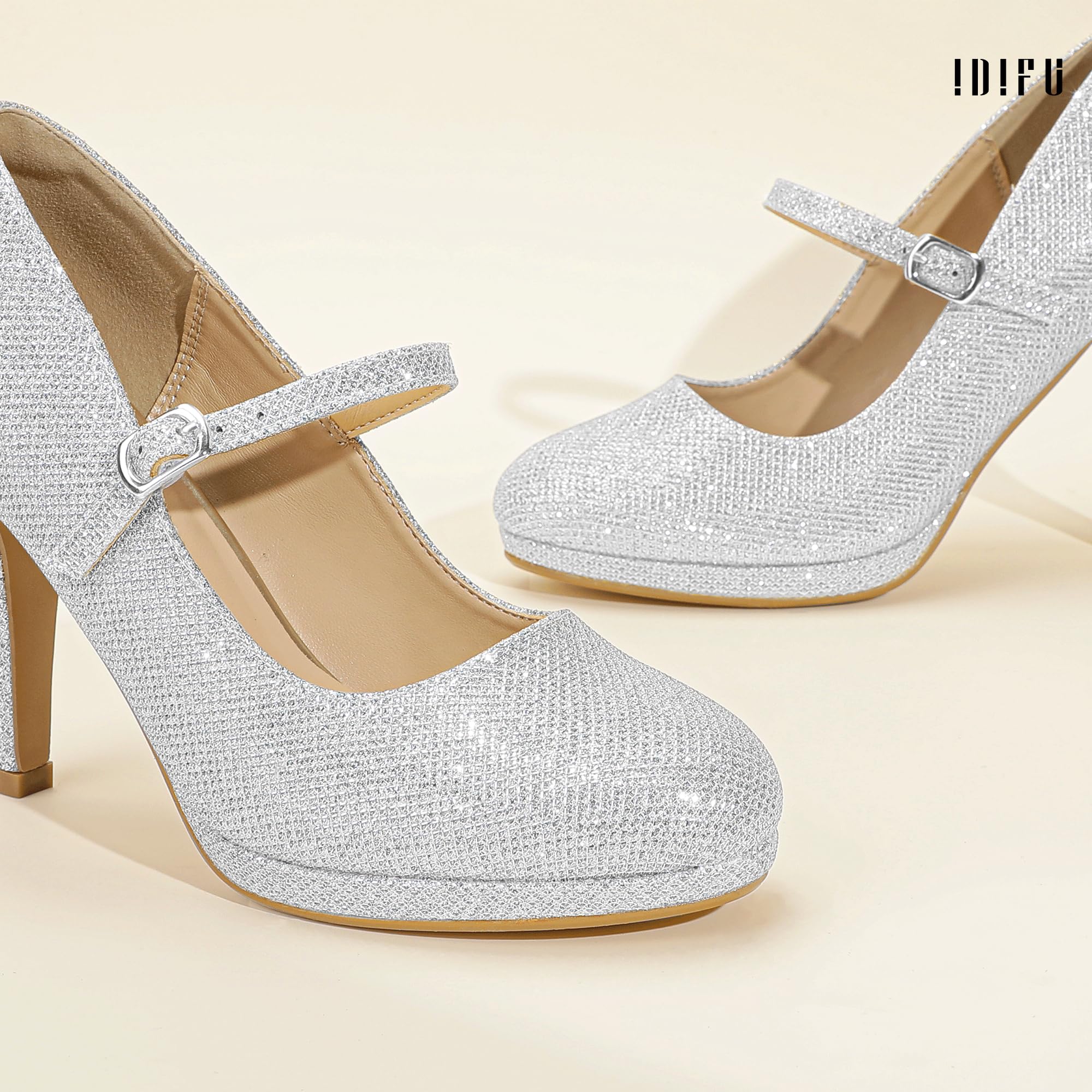 Foto 6 pulgar | Zapatos Idifu Silver Glitter Mary Jane Para Mujer, 9.5 Con Tacones De 10 Cm - Venta Internacional.