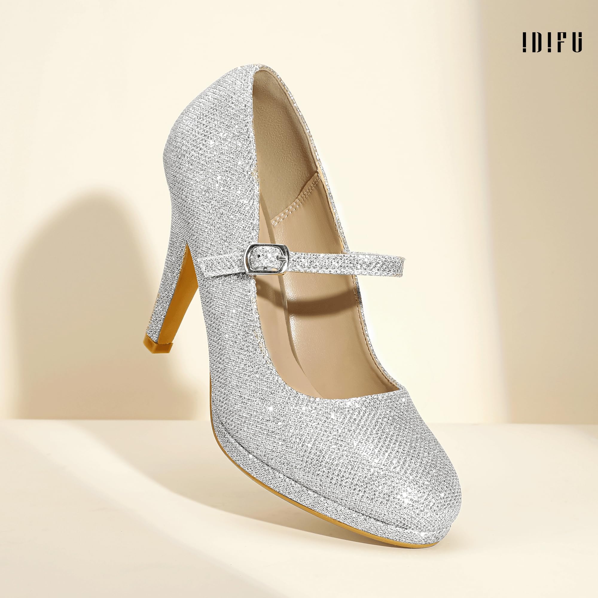 Foto 7 pulgar | Zapatos Idifu Silver Glitter Mary Jane Para Mujer, 9.5 Con Tacones De 10 Cm - Venta Internacional.
