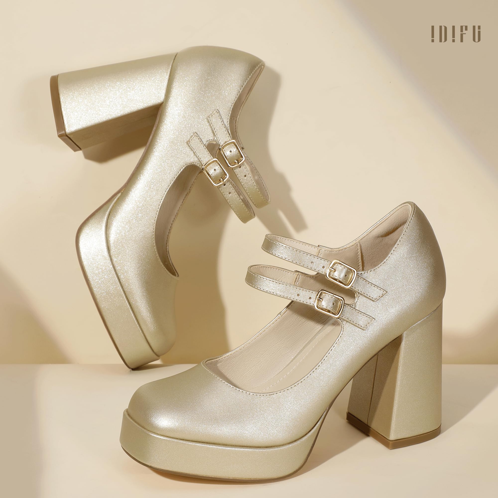 Foto 5 pulgar | Zapatos Idifu Mary Jane Gold Platform Chunky High Tacones Para Mujer - Venta Internacional.