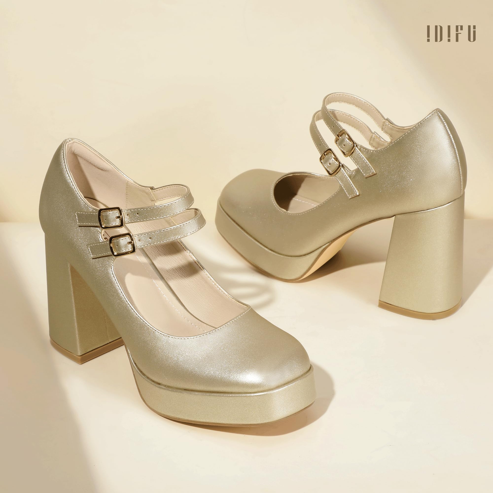 Foto 7 pulgar | Zapatos Idifu Mary Jane Gold Platform Chunky High Tacones Para Mujer - Venta Internacional.