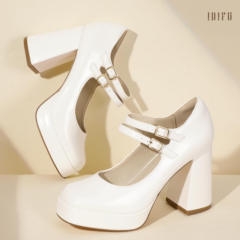 Foto 5 pulgar | Zapatos Idifu Mary Jane White Platform Chunky High Tacones Para Mujer - Venta Internacional.