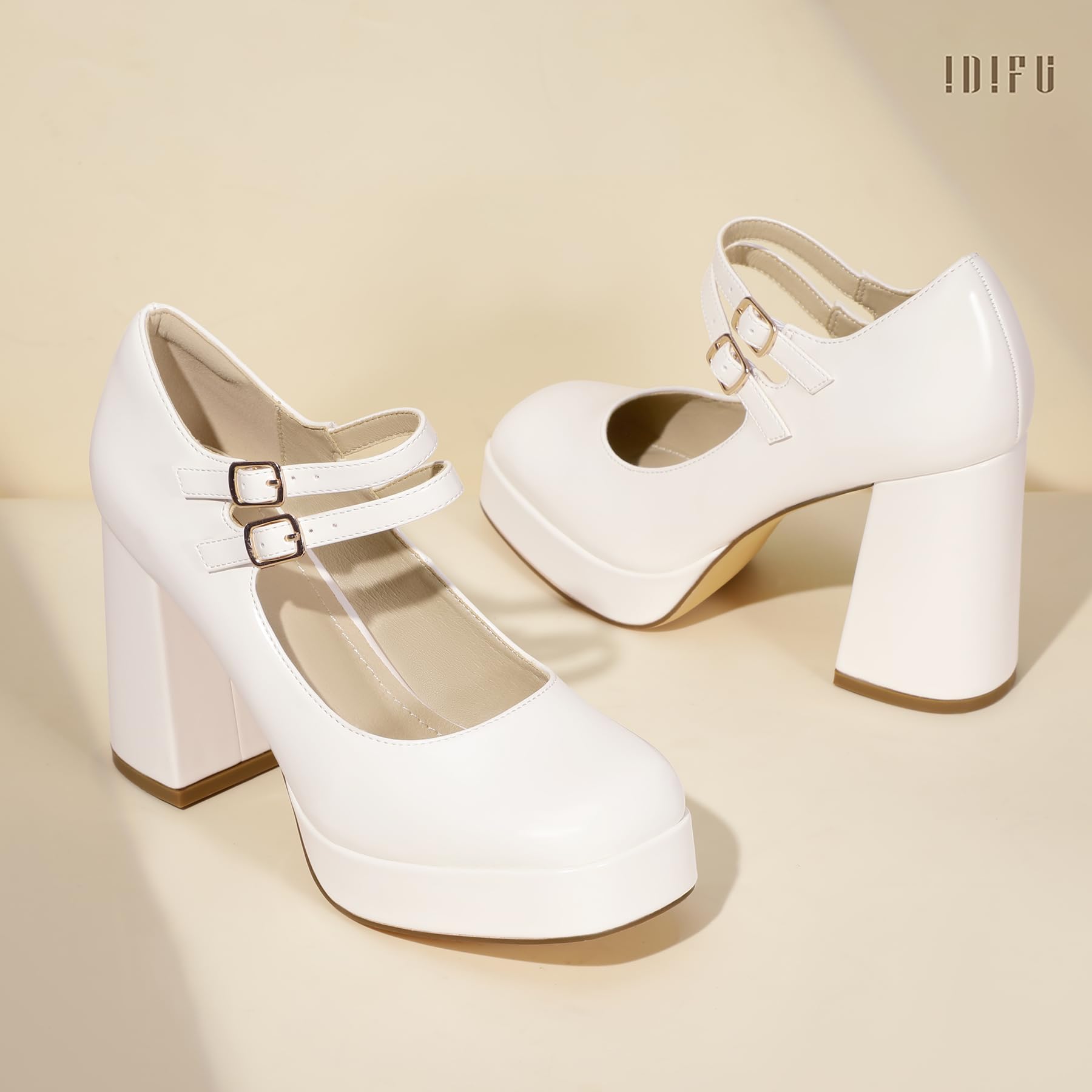 Foto 7 pulgar | Zapatos Idifu Mary Jane White Platform Chunky High Tacones Para Mujer - Venta Internacional.
