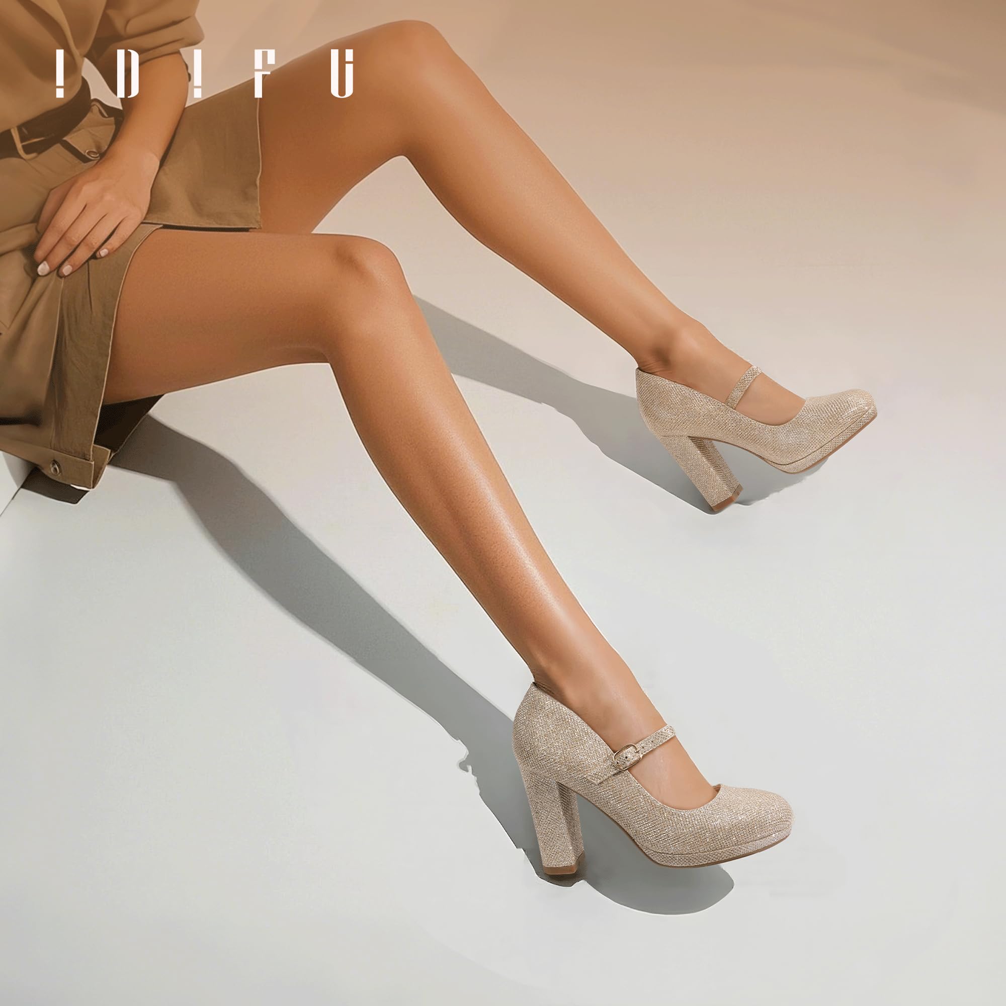 Foto 4 pulgar | Zapatos Idifu Gold Pumps Con Tacón Cerrado Mary Jane Para Mujer - Venta Internacional.