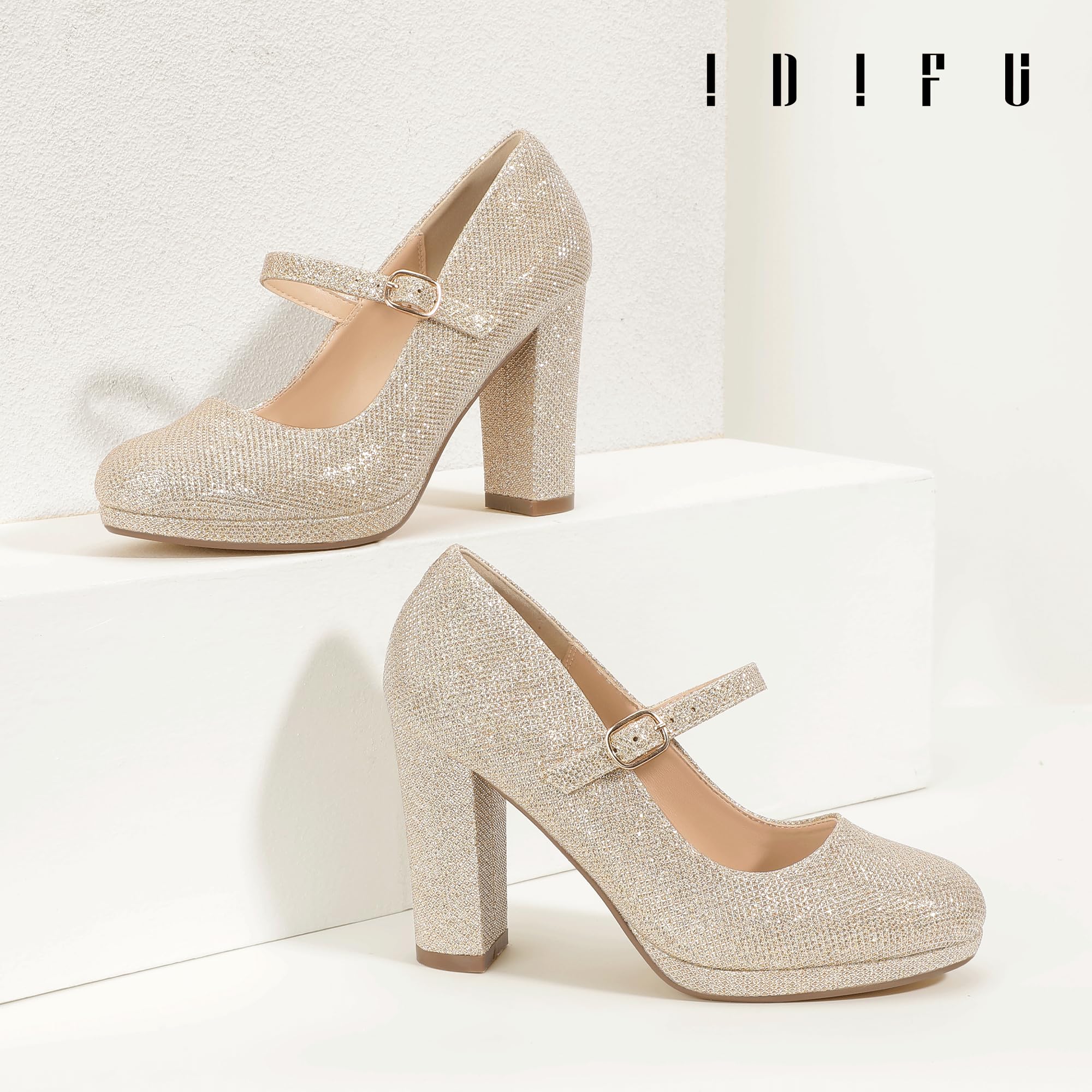 Foto 5 pulgar | Zapatos Idifu Gold Pumps Con Tacón Cerrado Mary Jane Para Mujer - Venta Internacional.