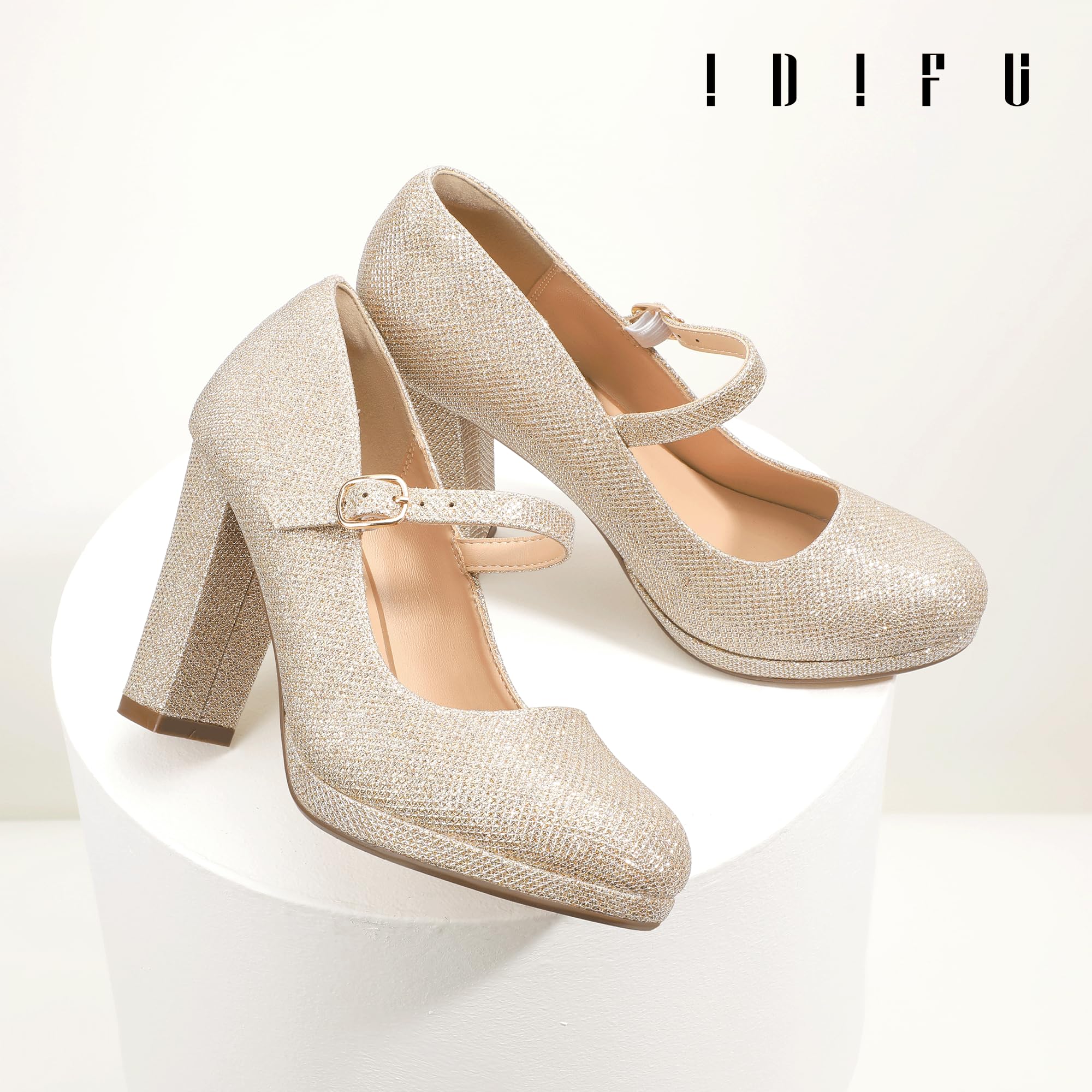 Foto 7 pulgar | Zapatos Idifu Gold Pumps Con Tacón Cerrado Mary Jane Para Mujer - Venta Internacional.