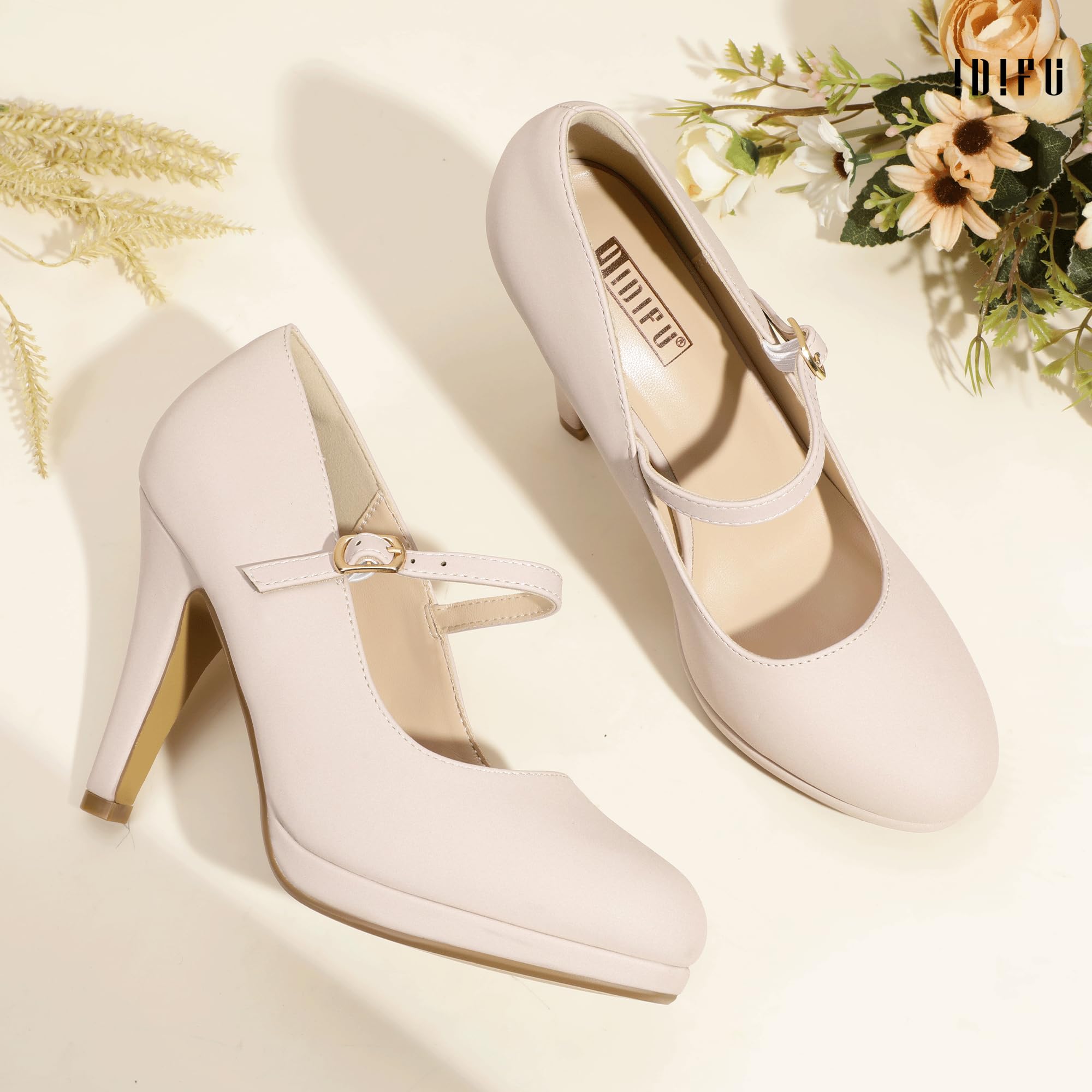 Foto 5 pulgar | Zapatos Idifu Nude Tacones Con Punta Cerrada Mary Jane, Zapatos De Tacón Para Mujer - Venta Internacional.