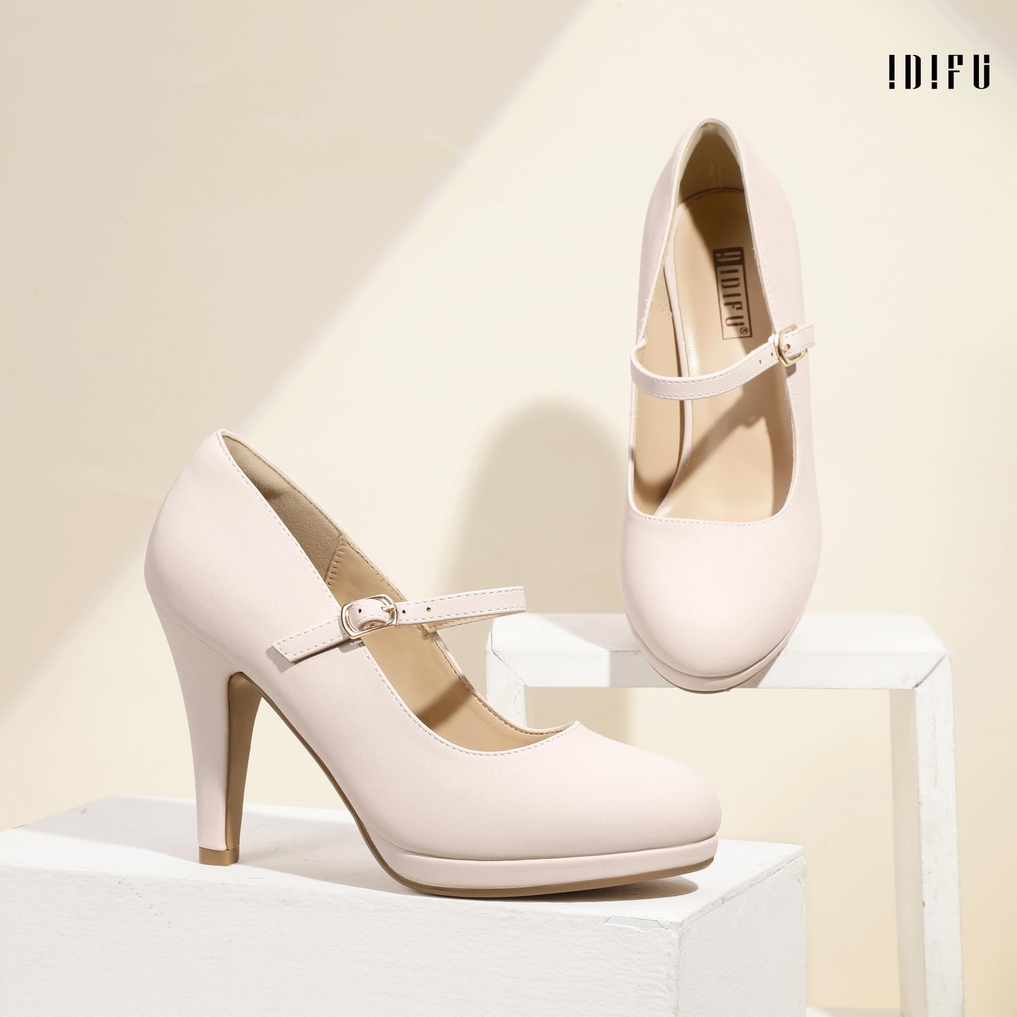 Foto 7 pulgar | Zapatos Idifu Nude Tacones Con Punta Cerrada Mary Jane, Zapatos De Tacón Para Mujer - Venta Internacional.