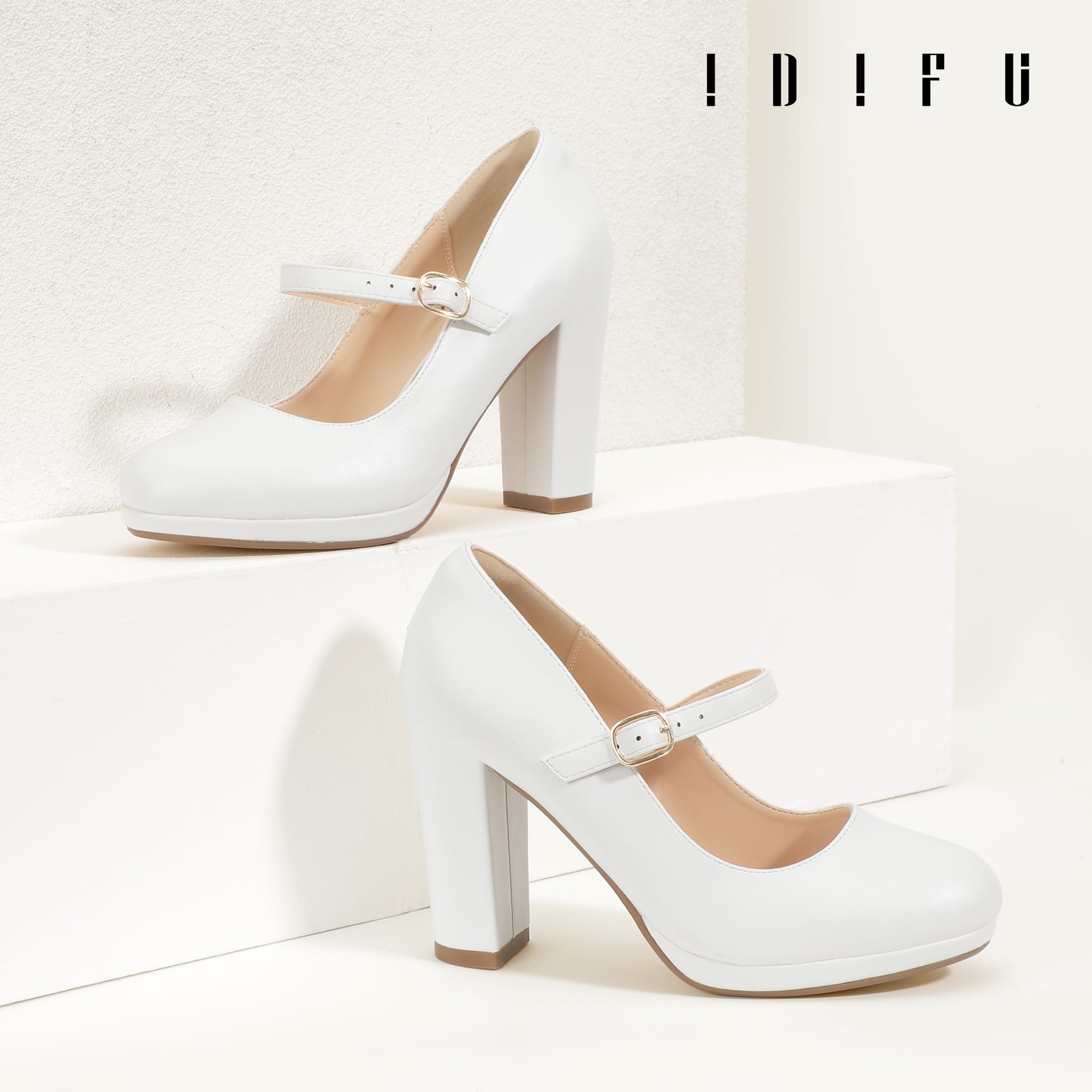 Foto 5 pulgar | Zapatos Idifu, Tacón Blanco, Punta Cerrada, Plataforma Mary Jane, 10 Cm - Venta Internacional.