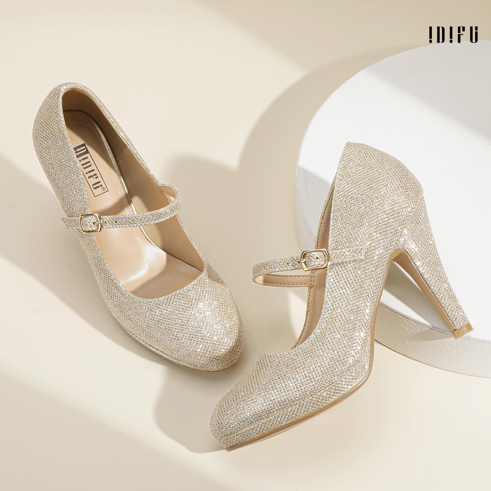 Foto 5 pulgar | Zapatos Idifu Gold Glitter Mary Jane Tacones De Aguja Para Mujer - Venta Internacional.