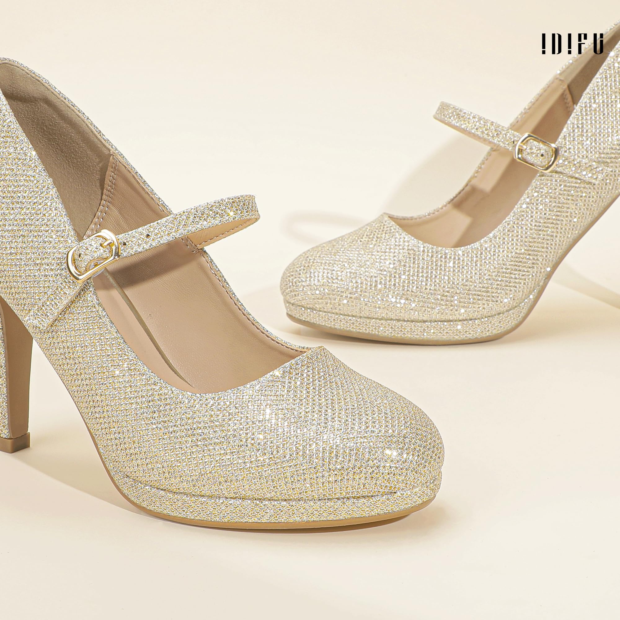 Foto 6 pulgar | Zapatos Idifu Gold Glitter Mary Jane Tacones De Aguja Para Mujer - Venta Internacional.