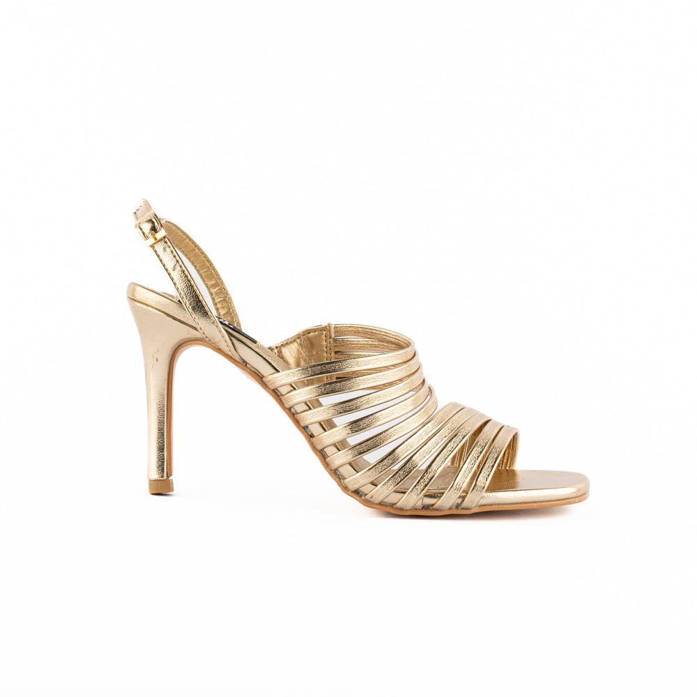 Sandalia Tacón 10cm Multi Tiritas Elegante De Mujer Walki Sasha Dorado