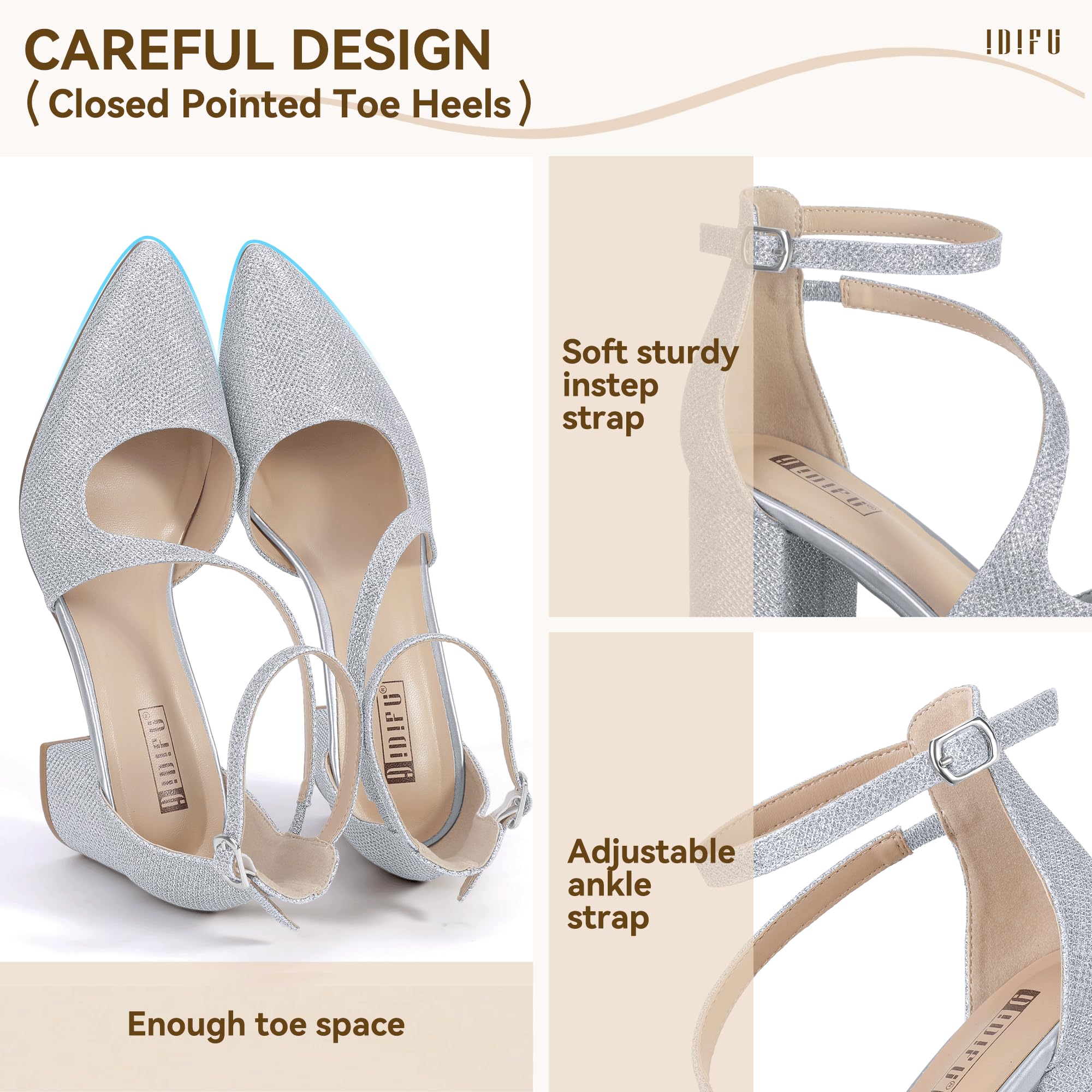 Foto 4 | Zapatos De Tacón Idifu, Plateados Con Purpurina, Bajos Y Gruesos, Para Mujer, 7 - Venta Internacional.