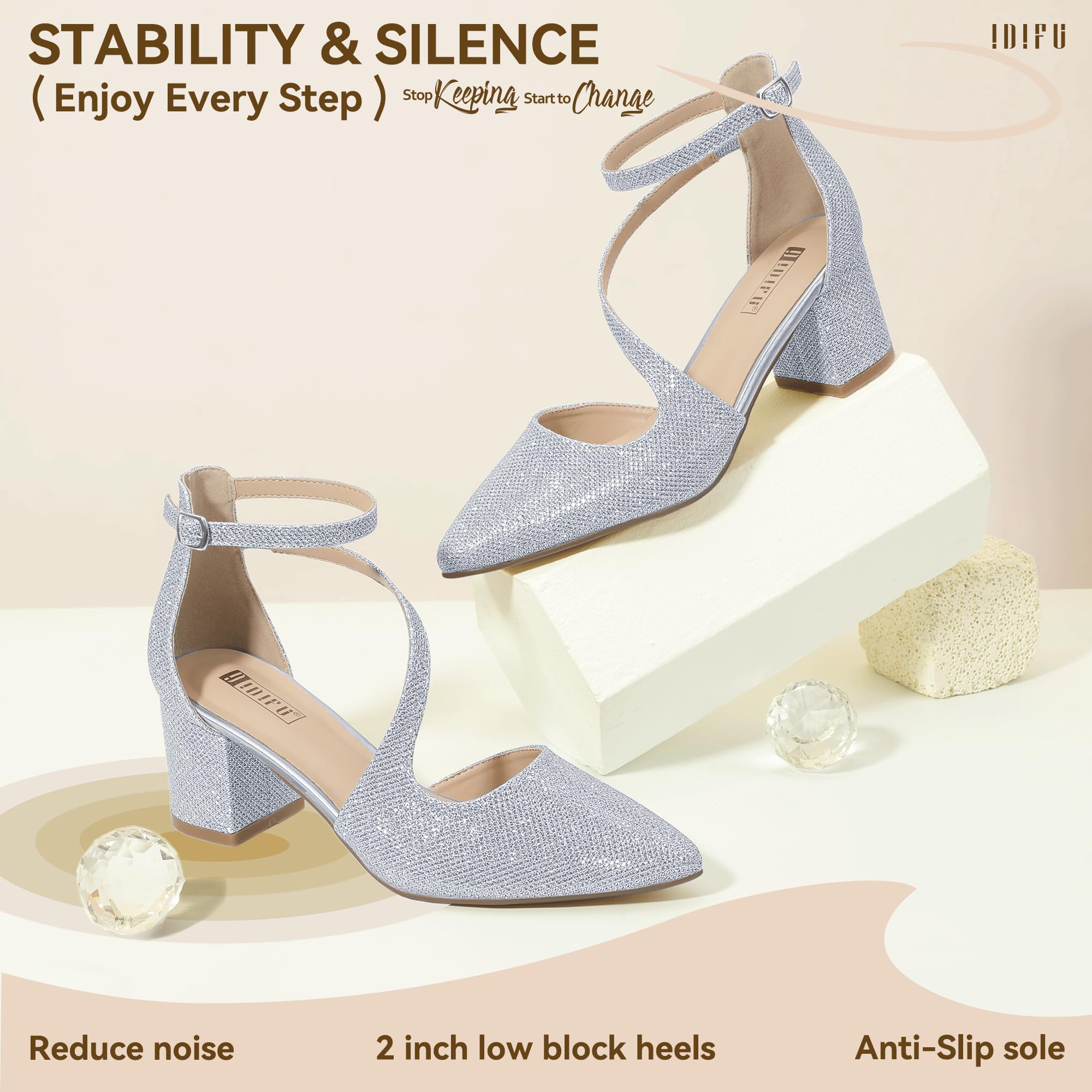 Foto 5 | Zapatos De Tacón Idifu, Plateados Con Purpurina, Bajos Y Gruesos, Para Mujer, 7 - Venta Internacional.