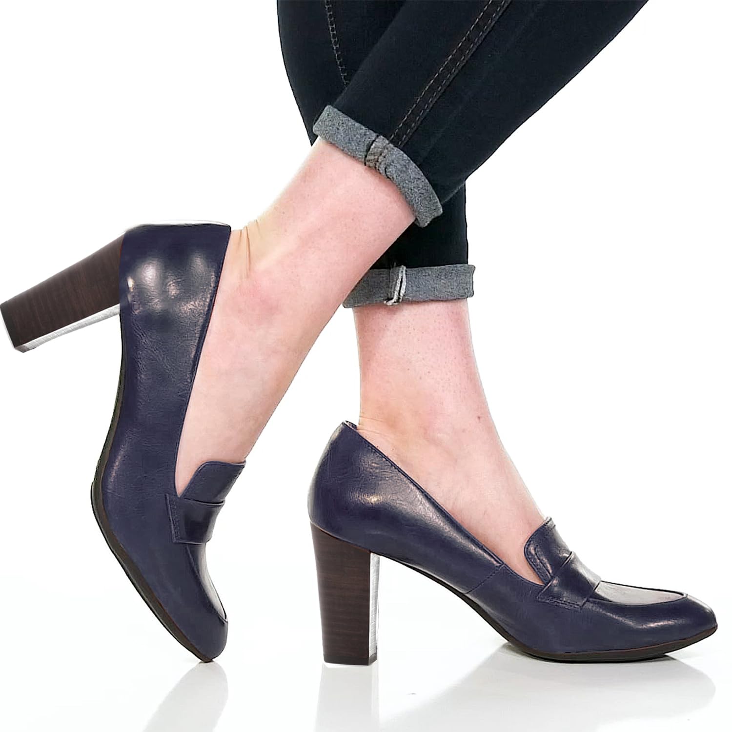 Foto 3 pulgar | Zapatos Moommo Mocasines De Tacón Alto Y Grueso Para Mujer, Color Azul Marino, 8.5 - Venta Internacional.