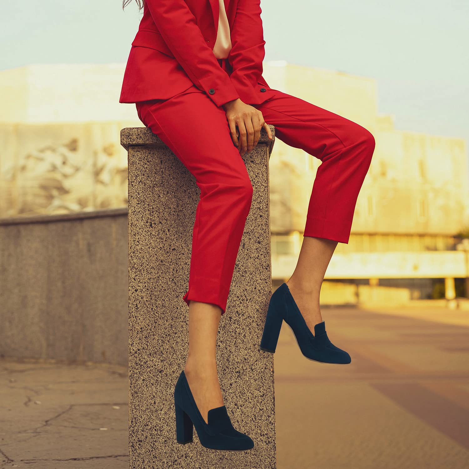 Foto 4 | Zapatos Moommo Para Mujer, Piel De Gamuza Azul, Tacón Ancho, Talla 6 - Venta Internacional.