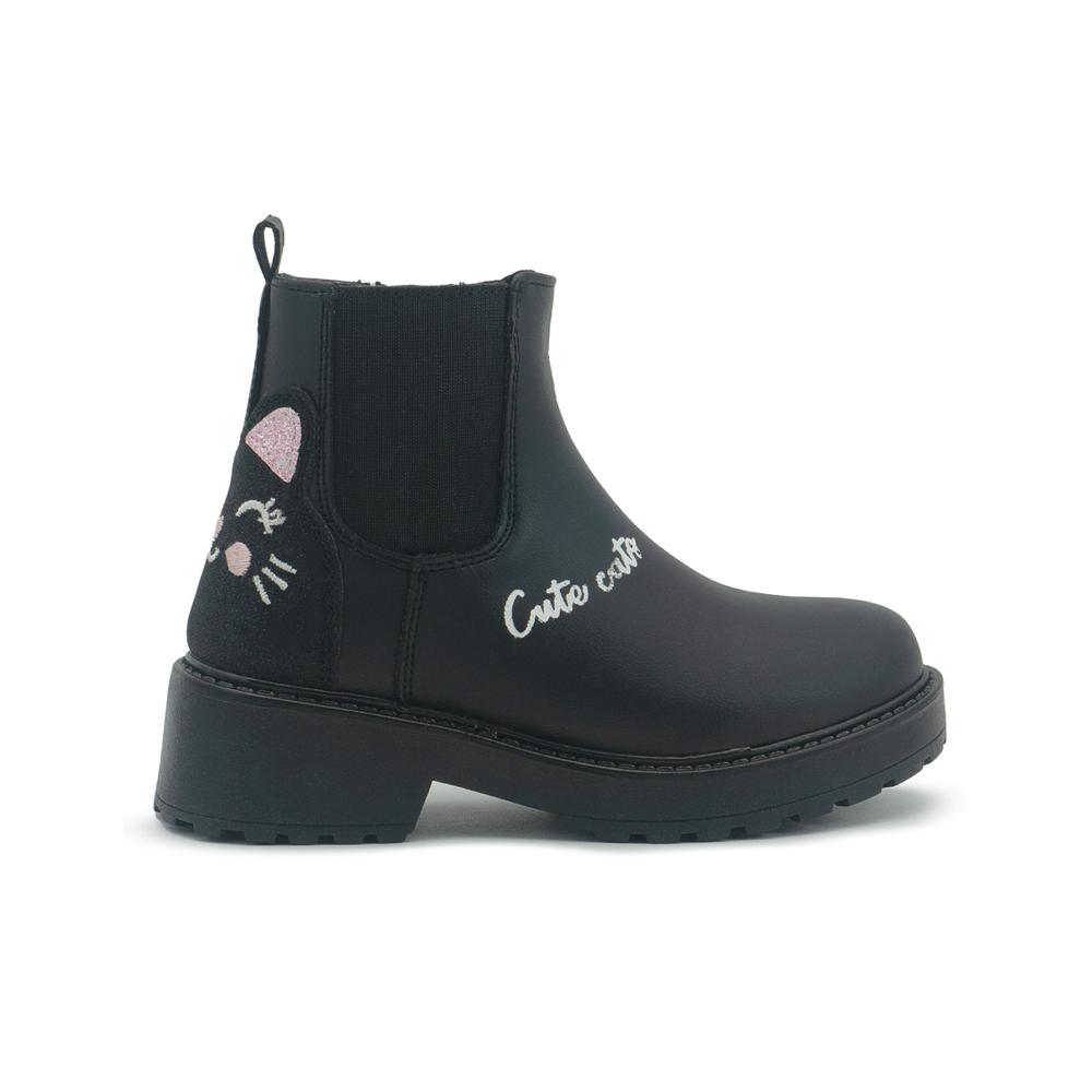 Botin Bambino Para Niña Chunky Gatito Antiderrapante Negro Negro