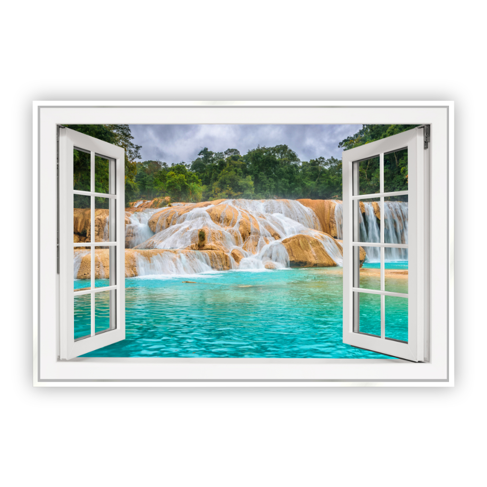 Cuadro Canvas Revolution Ventana Cascadas de Agua Azul Marco Blanco