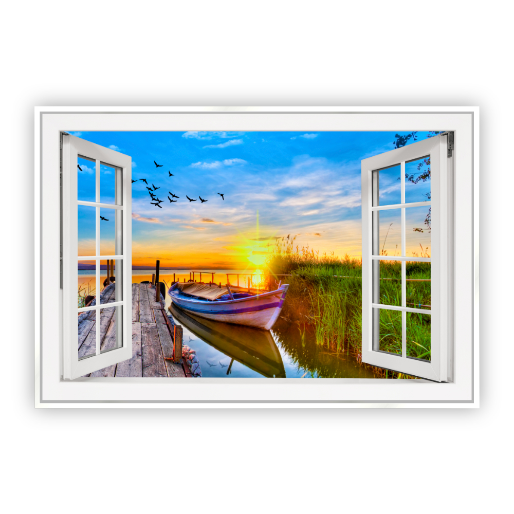 Cuadro Canvas Revolution Ventana Lago con Bote en Muelle Marco Blanco