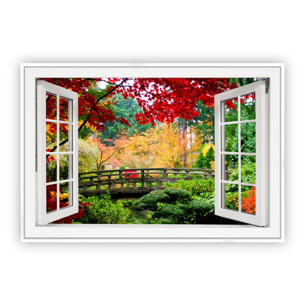 Cuadro Canvas Revolution Ventana Bosque Japones en Otoño Marco Blanco