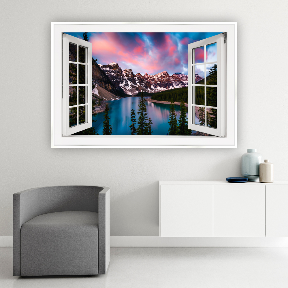 Foto 4 pulgar | Cuadro Canvas Revolution Ventana Lago Moraine Lindo Cielo Marco color Blanco