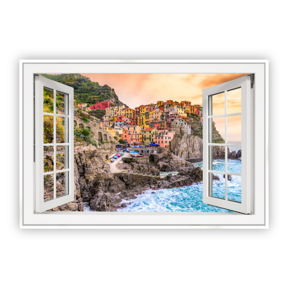 Cuadro Canvas Revolution Ventana Playa Manarola Italia con Marco Blanco